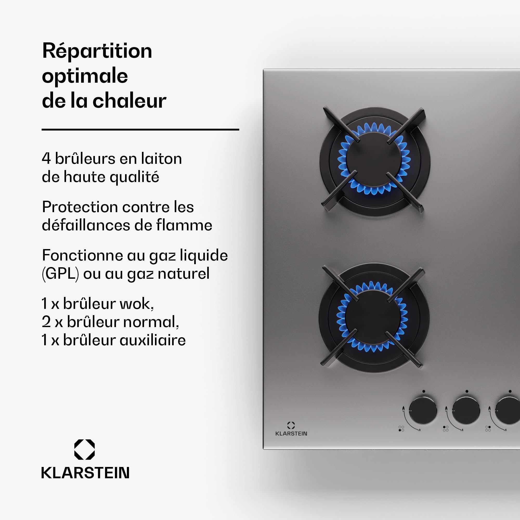 Klarstein Tables de Cuisson à Gaz, Plaque de Cuisson Gaz à 4 Brûleurs, Table de Encastrable à 4 Feux de 8000W, Cuisiniere Gaziniere avec Brûleurs en Acier Inoxydable, Cuisinières GPL