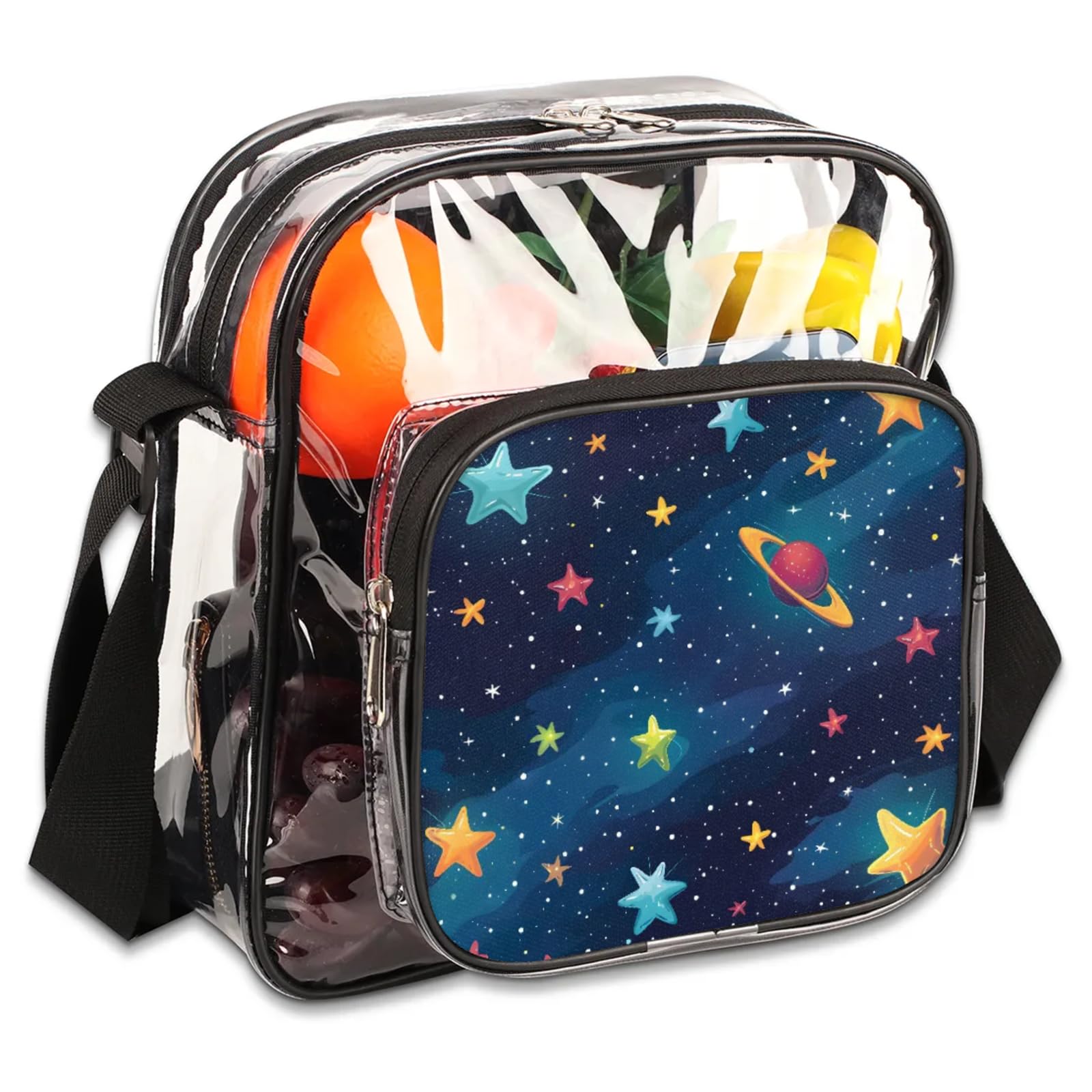 Clear Crossbody Bag Stadium Approved Universe Stars Transparent Bag for Festivals, Sports Events, Concerts,Beach Bag for Women Men Clear Purse with Front Pocket Messenger Bag with Adjustable Strap