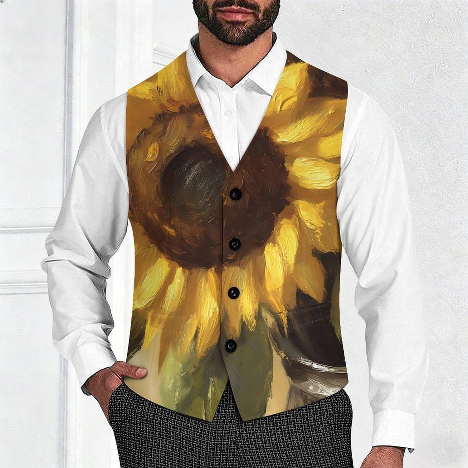 Sunflower Flowers Part Men's Suit Vests Waistcoat V-neck Formal Dress Tuxedo for Business