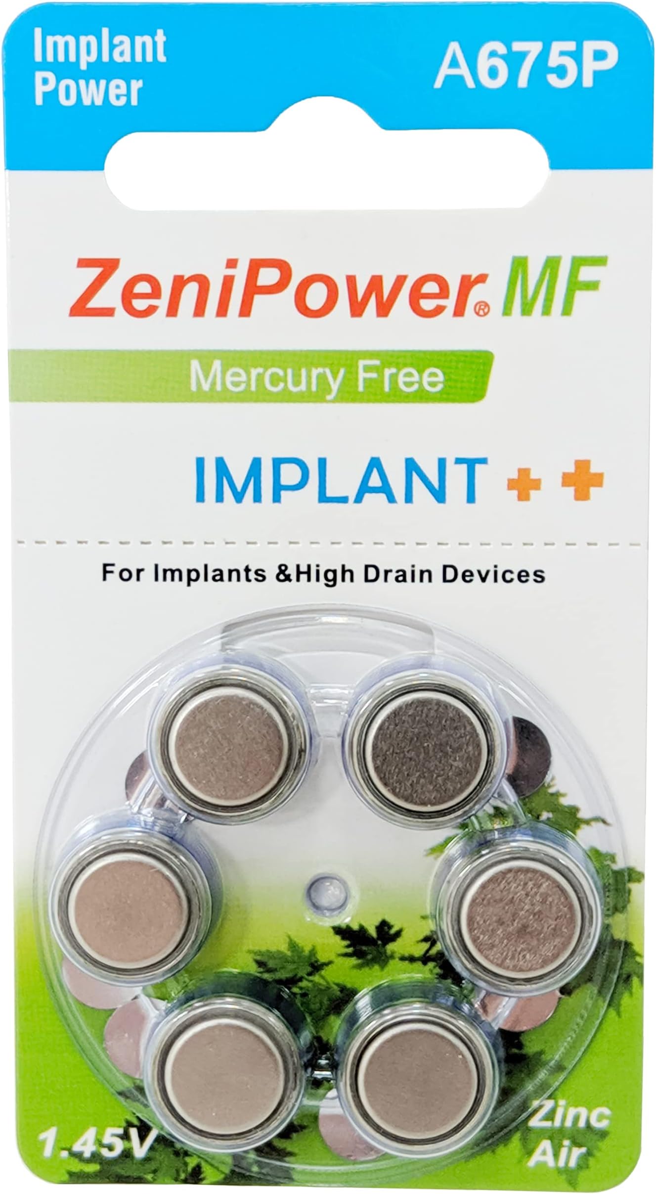 ZeniPower Cochlear Implant Batteries Size A675P Zero Mercury (60 Batteries)