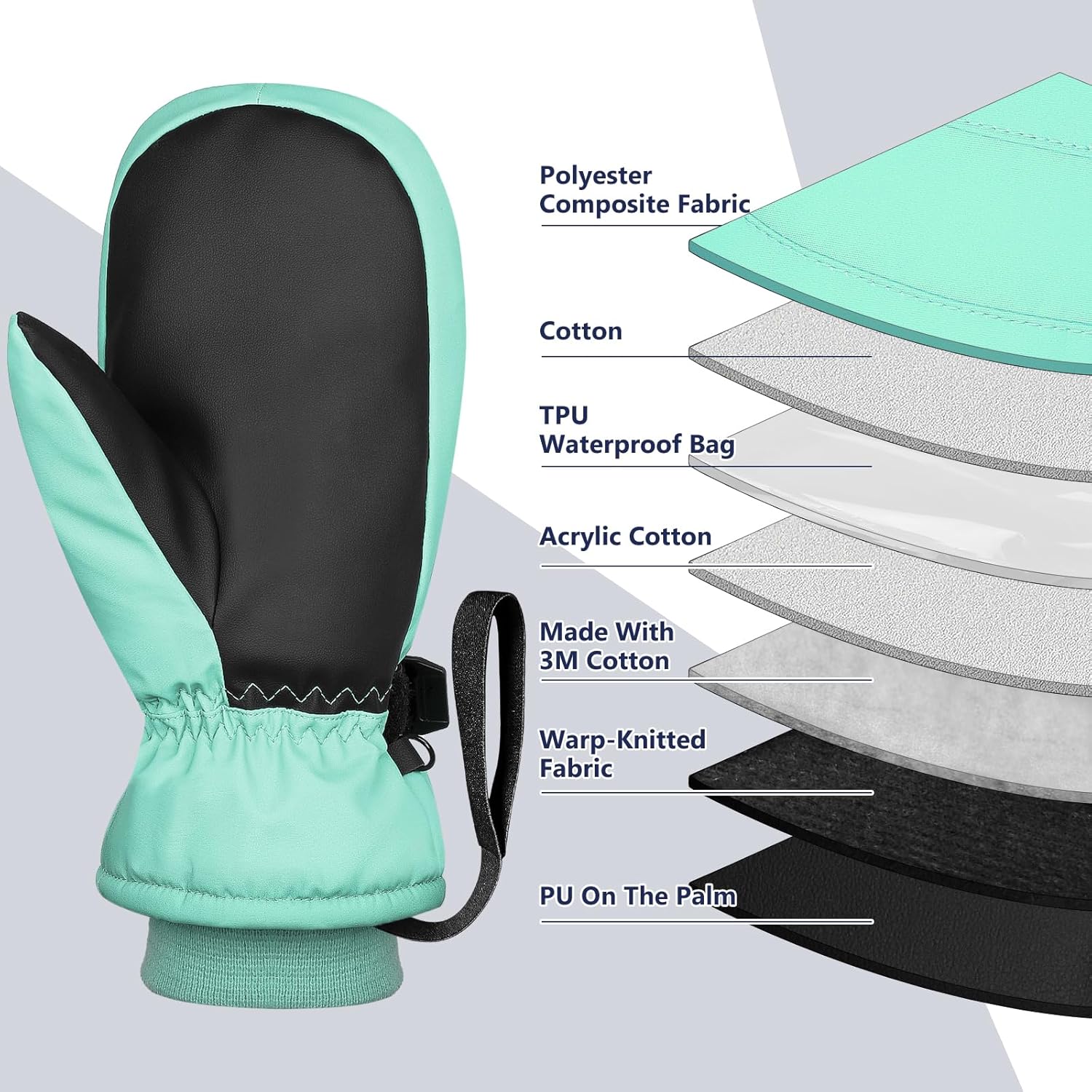 Snow Mittens Waterproof Winter Ski Warm Cotton & Spray-Bonded Cotton Lined, Anti-Loss Rope for Parent Child - Image 3