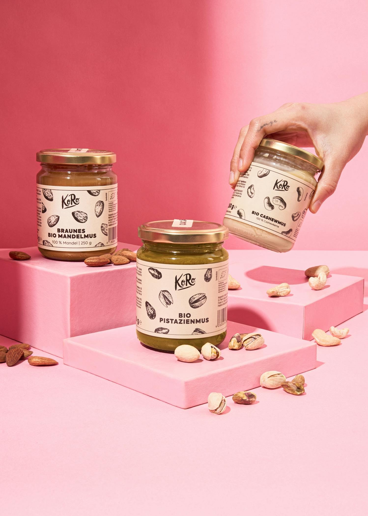 KoRo - Coffret dégustation purées d'oléagineux bio Deluxe - 3 x 250 g - Purée de noix de cajou, de pistache et d'amande - Format découverte pratique de 250 g - Vegan