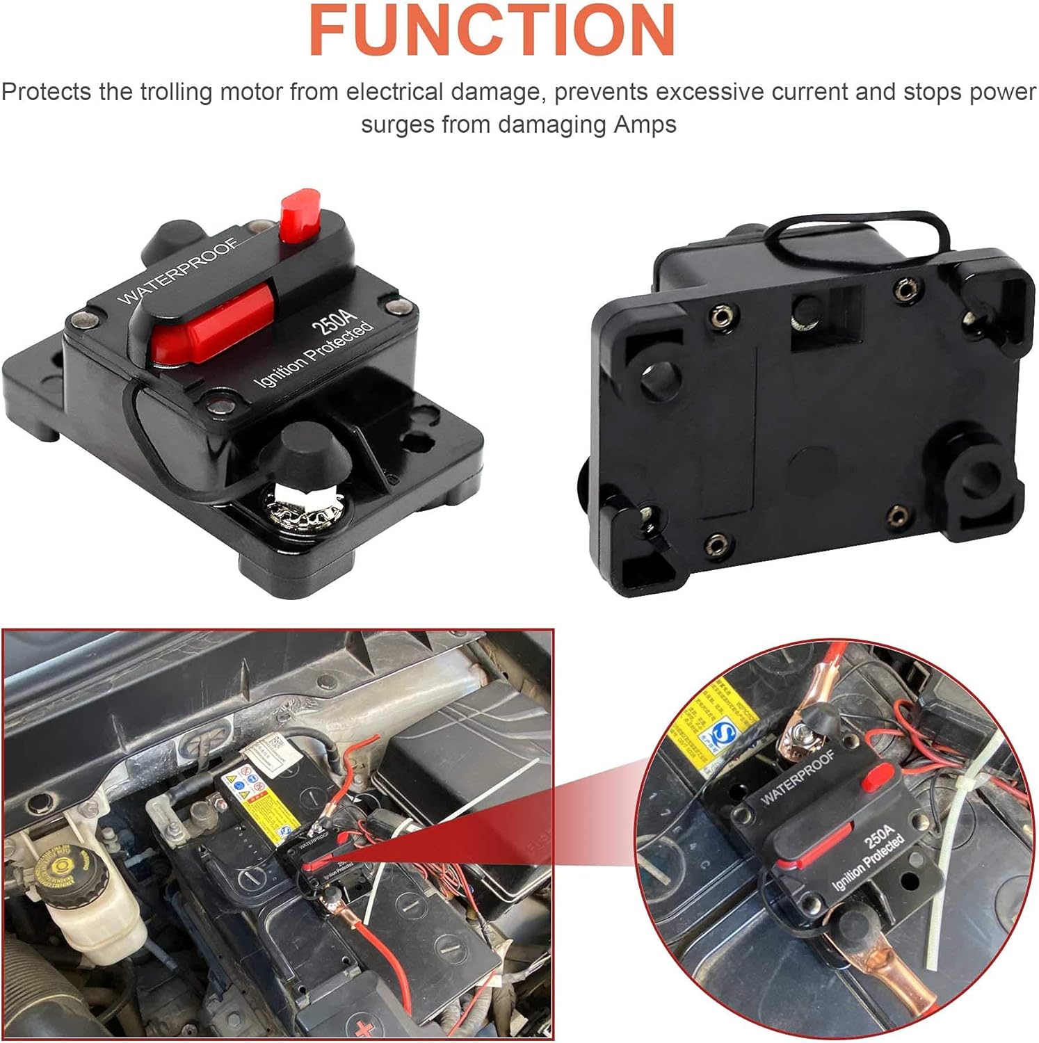 Erayco 200 Amp Circuit Breaker with Manual Reset for Car Marine Trolling Motors Boat ATV Manual Power Protect for Audio System Fuse, 12V-48VDC, Waterproof (200A) : Automotive