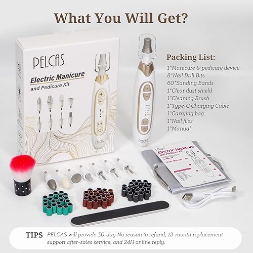 Miniatura 8 de PELCAS Molinillo eléctrico para uñas gruesas, kit de manicura y pedicura de 5 velocidades, taladro de uñas inalámbrico con luz LED, lima de uñas