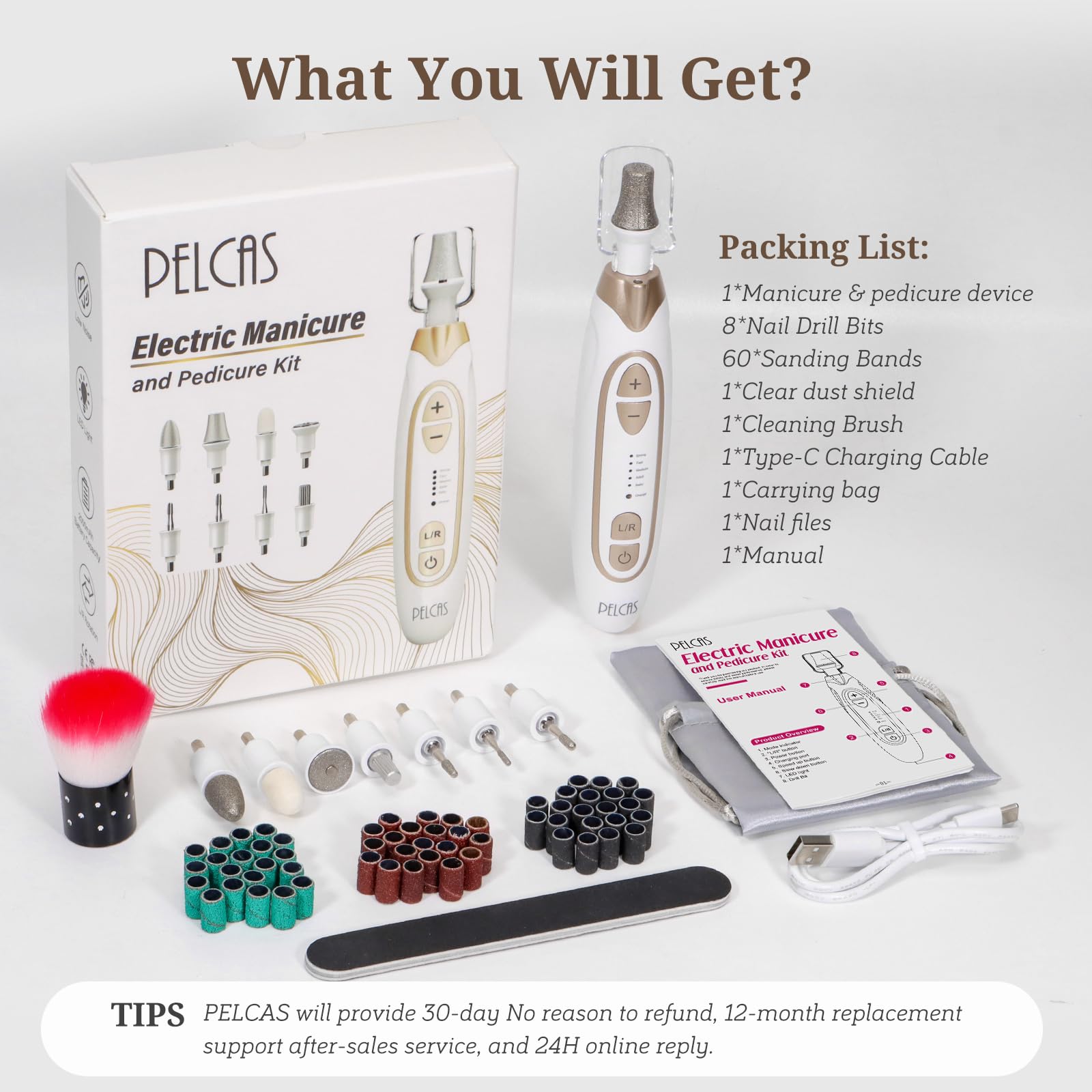 PELCAS Ponceuse Ongles Électrique 45 000 RPM, Lime à Ongles Sans Fil avec 5 Vitesses, Lumière LED, Kit Manucure Pédicure pour Ongles Épaissis, Gel, Acrylique et Naturels