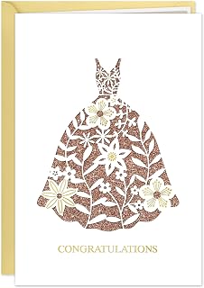 D24TIME Elegant Die-Cut Wedding Card – Floral Wedding Dress Design on Glitter Champagne Gold – Romantic Greeting Card for Bride and Groom – Personalized Congratulations Card with Envelope