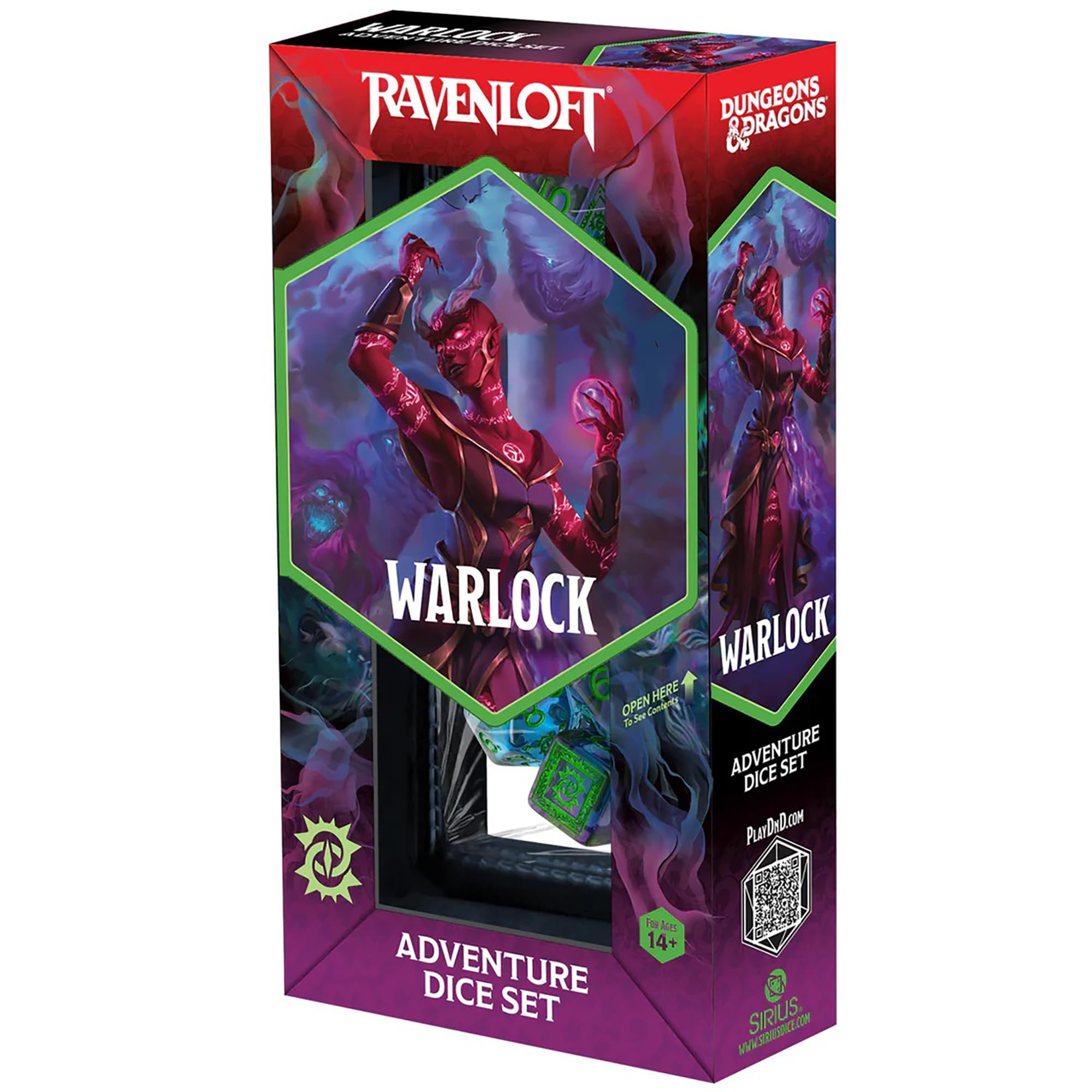 Dungeons & Dragons: D&D Adventure Dice - Warlock: Purple & Green - Set di 14 pezzi RPG, simboli di classe, accessori per giochi di ruolo da collezione, Sirius Dice