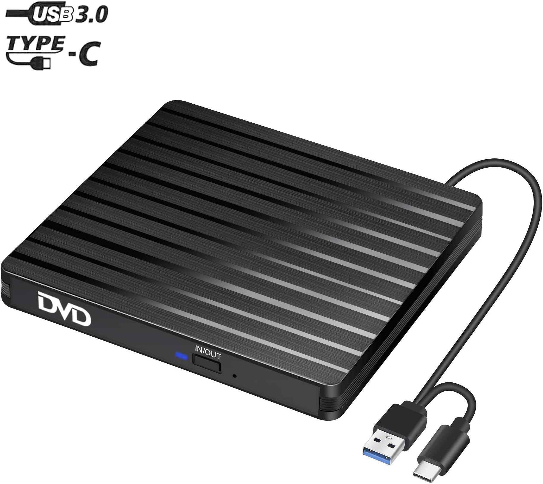 BEVA External CD DVD Drive, Type-C USB 3.0 Slim Portable CD/DVD-RW Burner Reader Low Noise High Speed Data Transfer Super drive for Laptop, Desktop, Mac, IOS, Windows 10/8/7 / XP/Linux