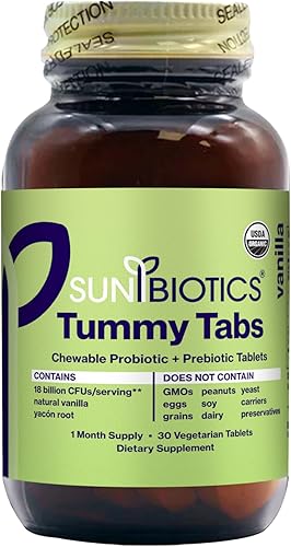 Sunbiotics Tummy Tabs - Probiótico de vainilla con prebióticos 18 mil millones de UFC, 4 cepas probióticas, suplemento probiótico diario, sin OMG,