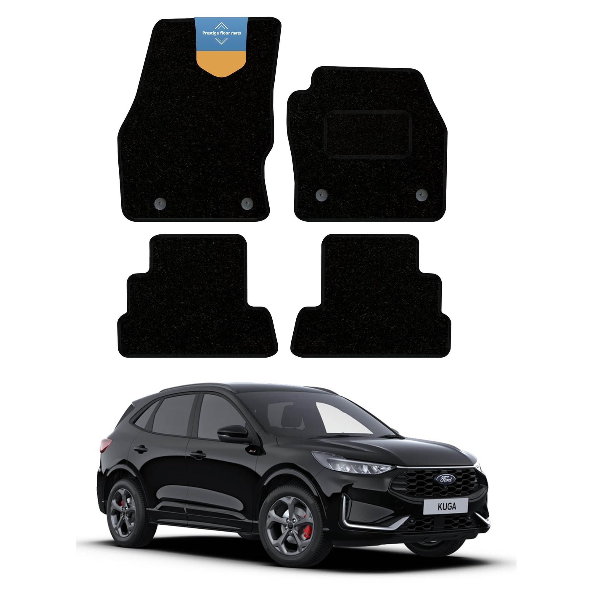 Tailored Car Floor Mats Fits FORD KUGA 2015-2020 - Black - Anti Slip Mat - Non Slip Car Floor Mat edged with Black Cloth Binding