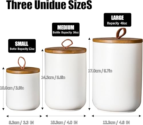 Miniatura 4 de JOJUNO Juego de recipientes de cerámica blanca con tapa de madera, tarros herméticos de almacenamiento de alimentos de 3 piezas para encimera de