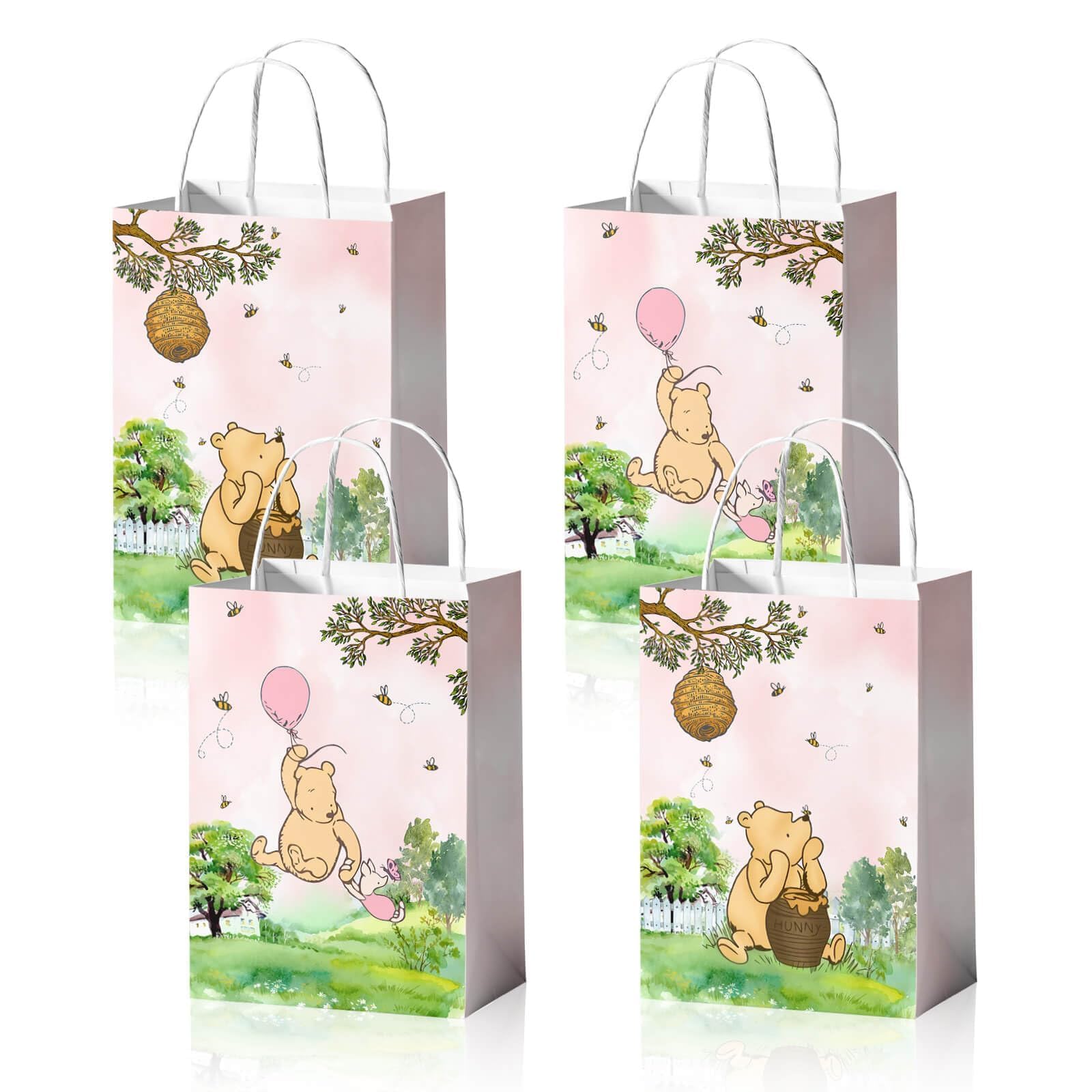 24 Pieces Classic Pooh Bear Goodie Bags for Baby Shower Party Supplies, Bear Gift Snacks Treat Candy Party Favors Bags with Handles for Classic Bear