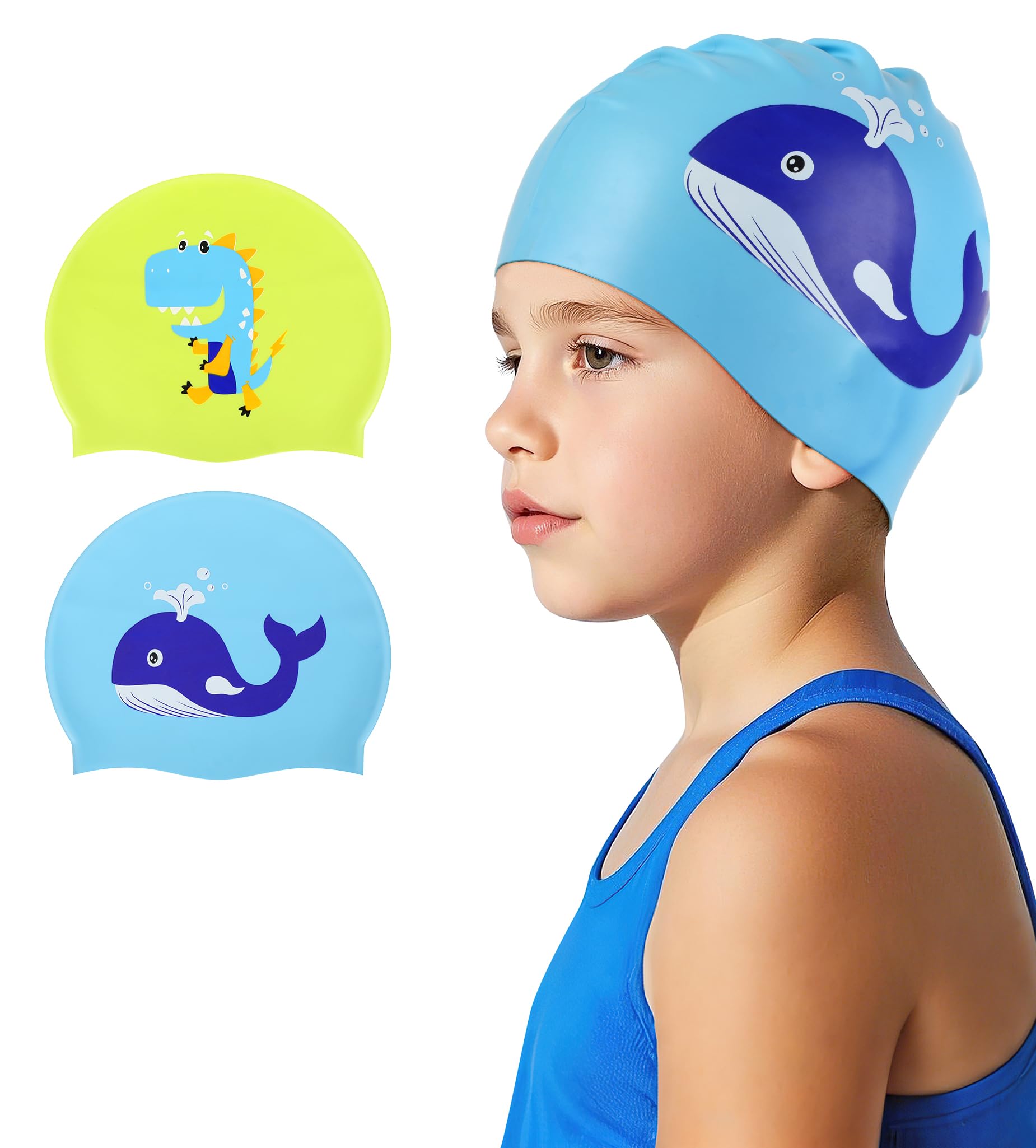 Kids Swim Cap 2 Pack,Silicone Swim Cap for Kids Ages 3-15