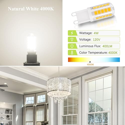 Miniatura 3 de DiCUNO Bombilla LED G9 equivalente a 40 W 4 W, 4000 K blanco natural, bombilla T4 de 400 lm, no regulable, base G9 de repuesto bi-pin para