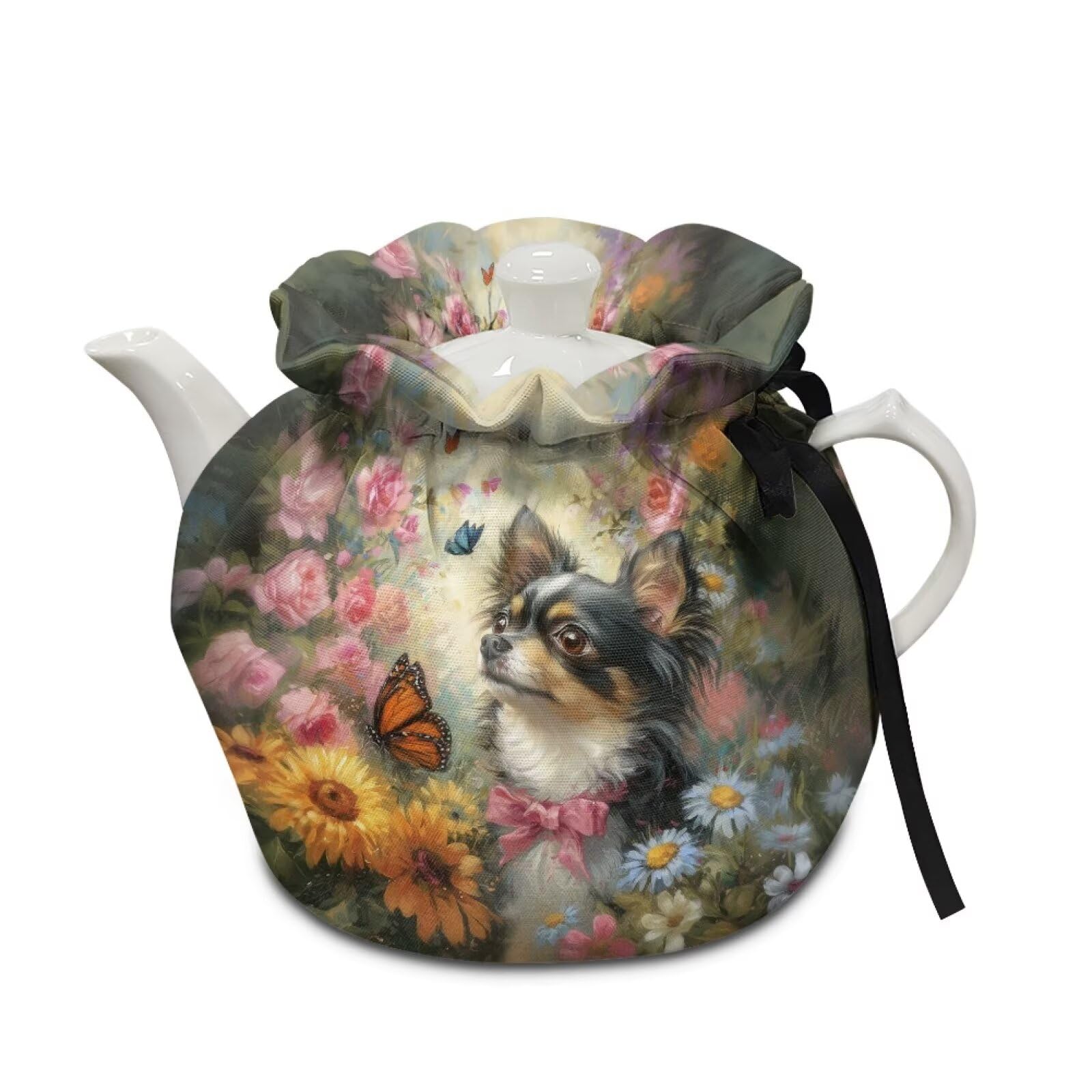 Xoenoiee Chihuahua Butterfly Vibrant Floral Pattern Tea Cozy Tea Pot Cover Insulation Tea Cosy Teapot Dust Cover Teapot Warmer for Home Kitchen Teapot Covers