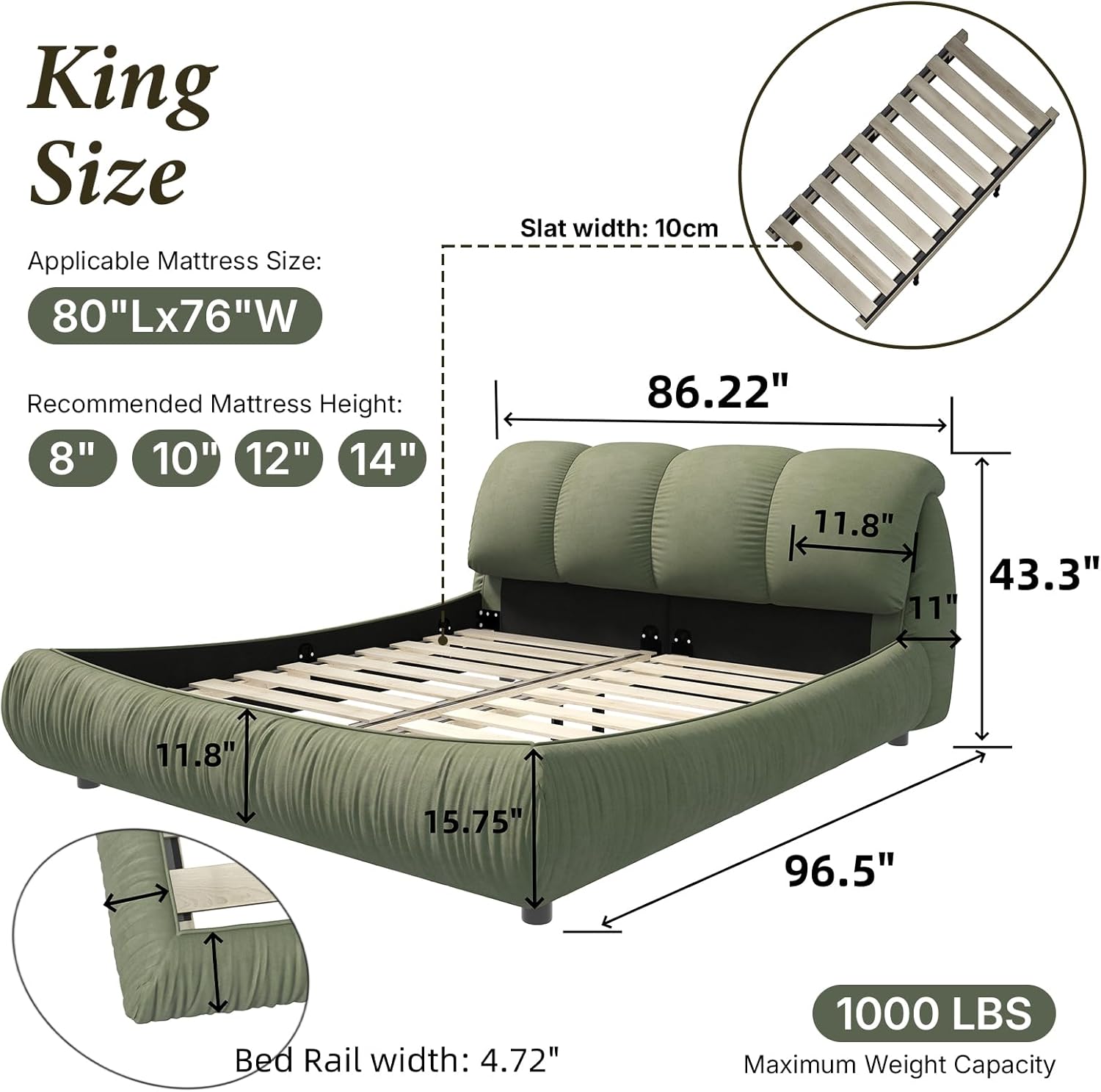 King Size Cloud Bed Frame with Oversized Padded Headboard, Luxury Upholstered Low Profile Platform Bed, 20 Solid Wood Slats, 1000 lbs Support, No Box Spring Needed, Noise-Free Green | Breathable material, Padded Backrest