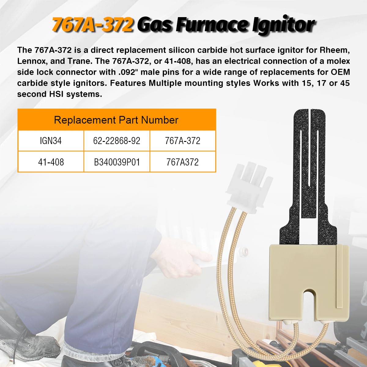 Robertshaw 41-408 Hot Surface Igniter – Furnace Replacement For Rheem 62-22868-92, Trane B340039P01, 5-1/2” Leads, Ceramic Base