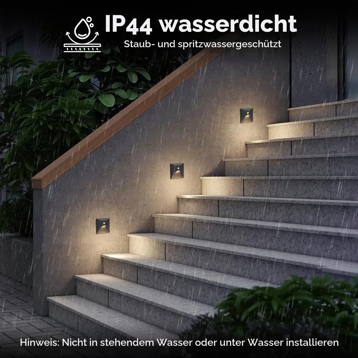 4er 3W LED Treppenlicht mit Bewegungsmelder [Nicht für 60mm Standarddosen] Warmweiß Alu Einbaustrahler 230V Eckig Wandeinbauleuchte Treppenleuchte Wasserdicht Innen Außen Schwarz Stufenlicht