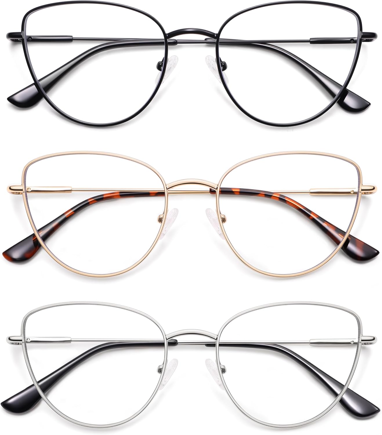 AMOMOMA 3-Pack Retro Cat Eye Reading Glasses for Women Trendy Blue Light Blocking Computer Readers Metal AM6199