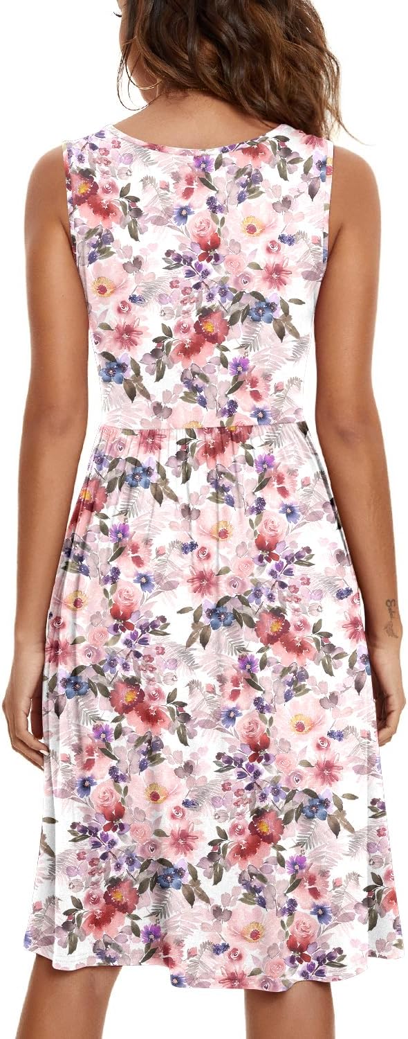 NILOUFO レディース サマー カジュアル ドレス ノースリーブ Vネック ミディドレス ポケット付き