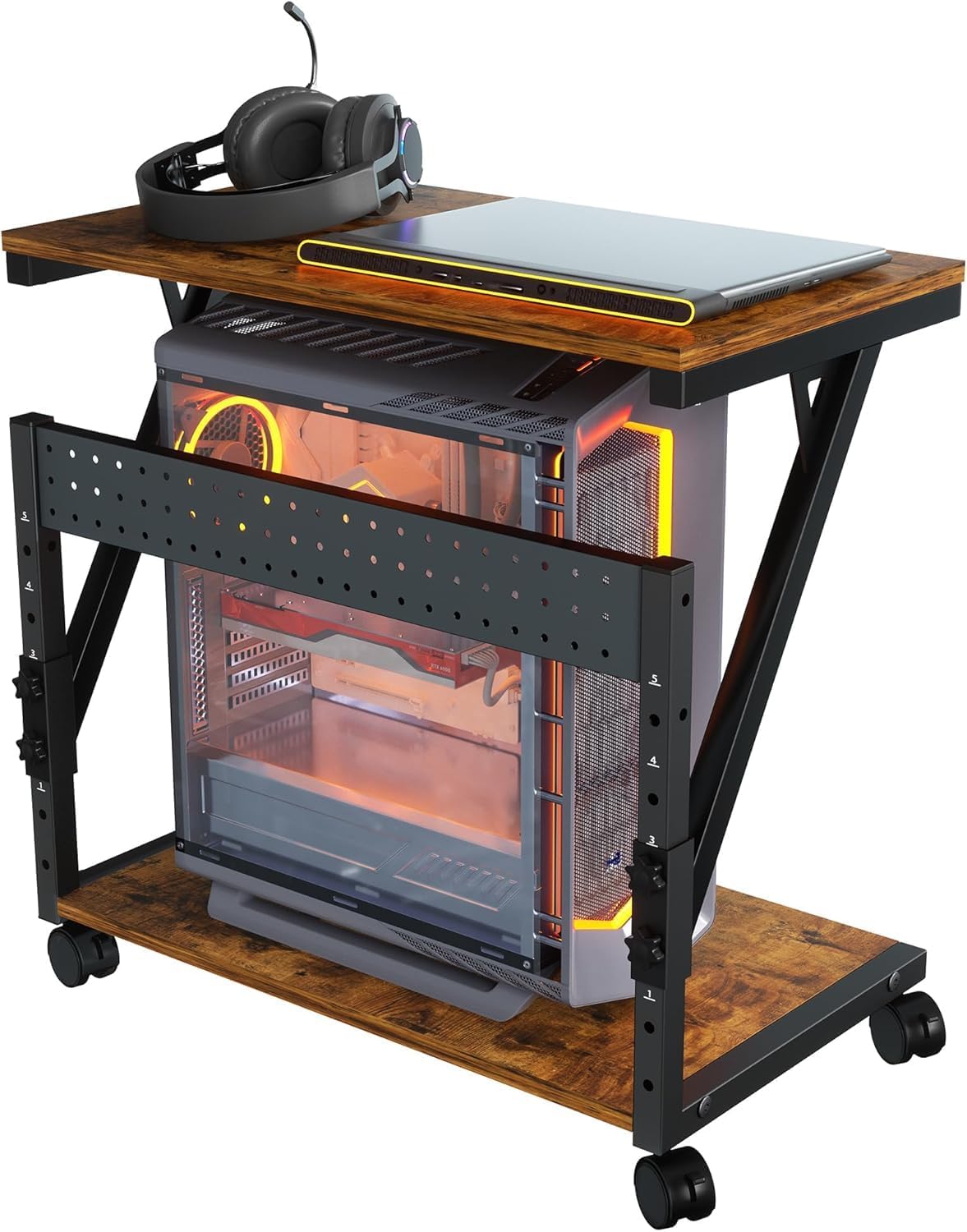 21562 Computer Tower Cart – Height Adjustable PC Stand, 2-Tier CPU Holder Home Office Gaming Desk Accessories Rolling Lockable Wheels, Laptop Table Standing Computer Desk, Rustic Brown