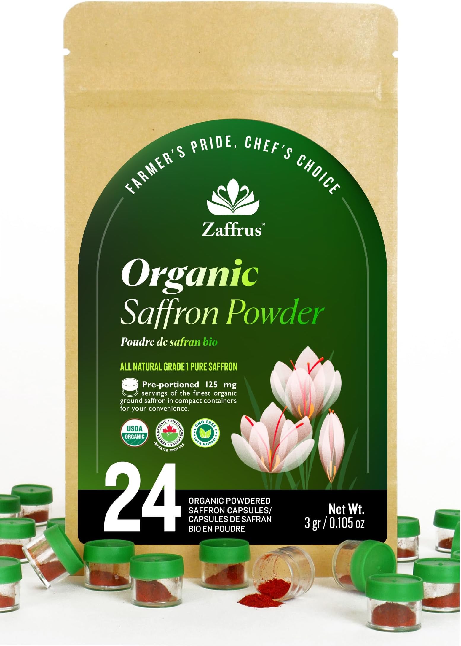 Zaffrus - Certified Organic Premium Saffron Powder for Cooking Saffron Rice, Paella, Risotto, Soup, Desserts & Herbal Teas. Pack of 24 (3 gram/ .105 Oz)