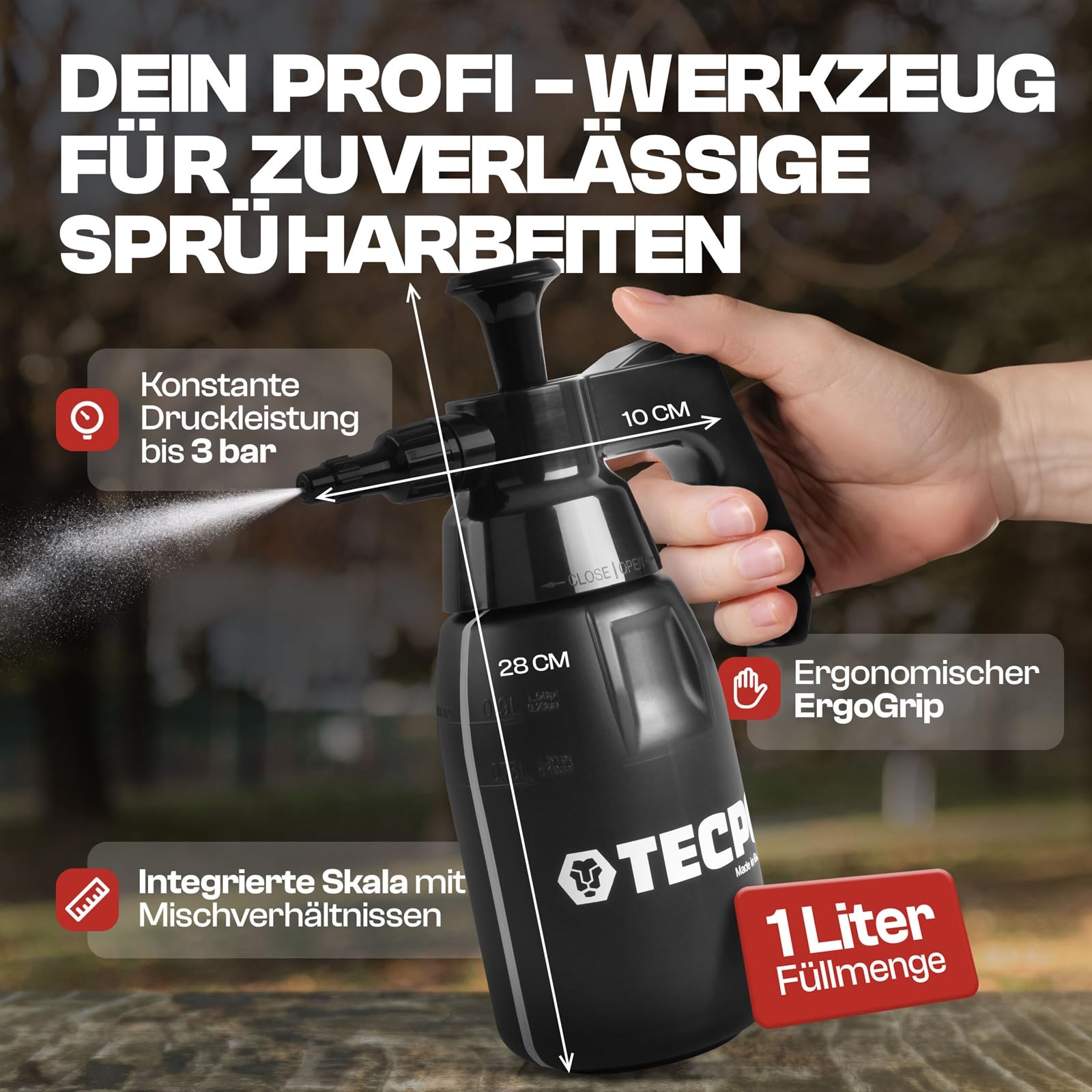 TECPO 3x Druckpumpzerstäuber 1L für Bremsenreiniger, Chemikalienbeständig, verstellbare Düse, 3 bar Druck, ergonomischer Griff, nachhaltiges Bio-PE, Pumpsprühflasche für Reinigung & Industrie