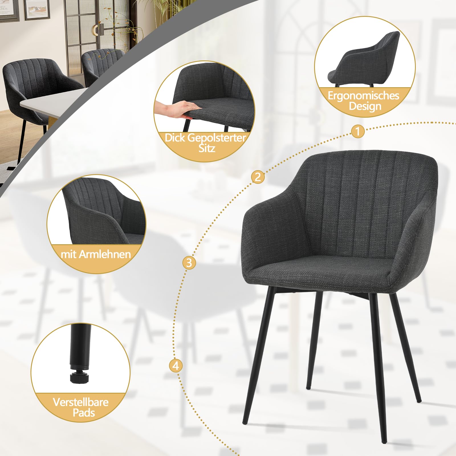 Goeurvant Set di 2 sedie da sala da pranzo con bracciolo, sedia da cucina, sala da pranzo, sedia da soggiorno con gambe in metallo e schienale, seduta in poliestere, Nero/Grigio