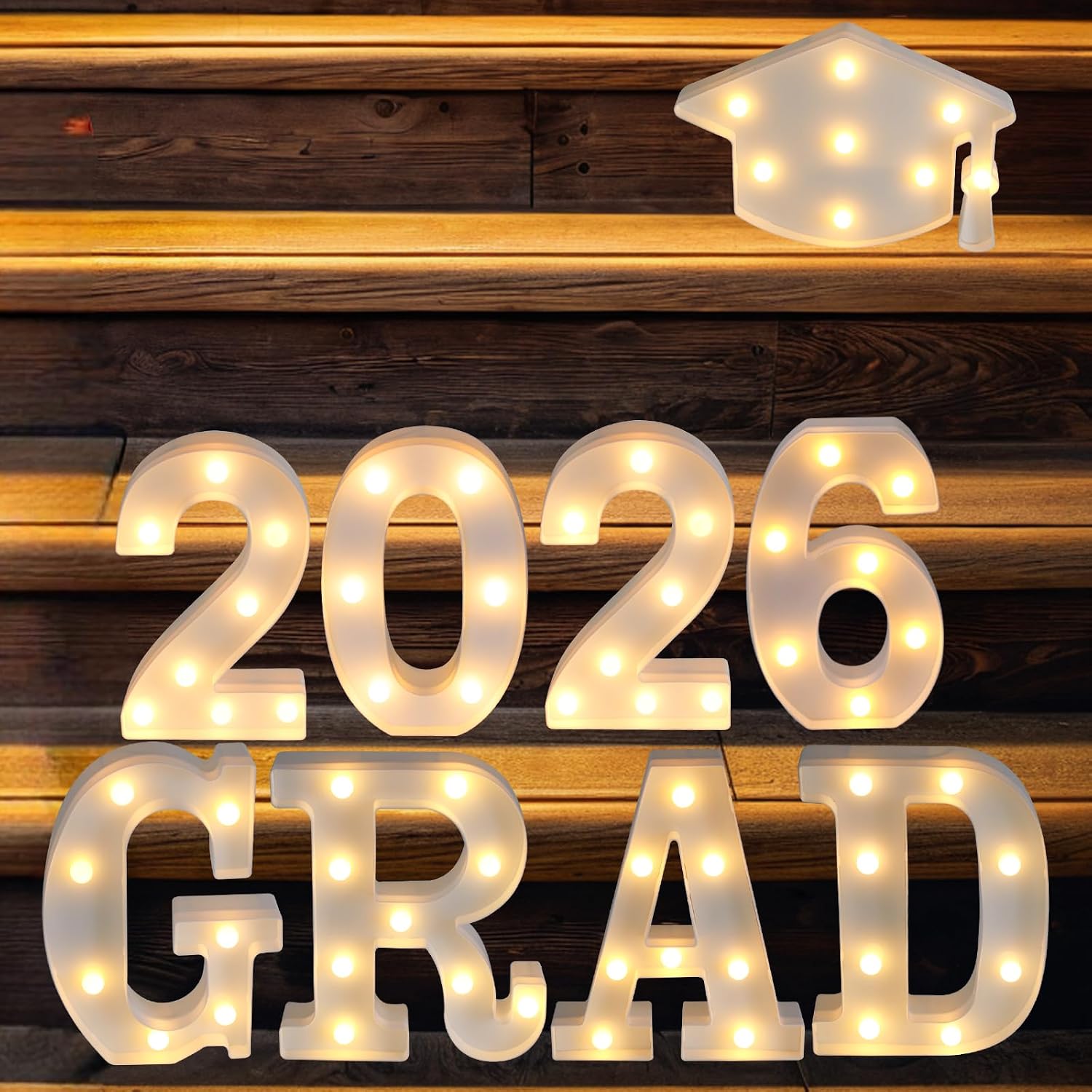 Graduation Party Decorations 2026, 8 LED Long Marquee Light Up Letters 'Grad 2026' and 1 'Doctorial hat' - Graduation Party Decor for Preschool High School College