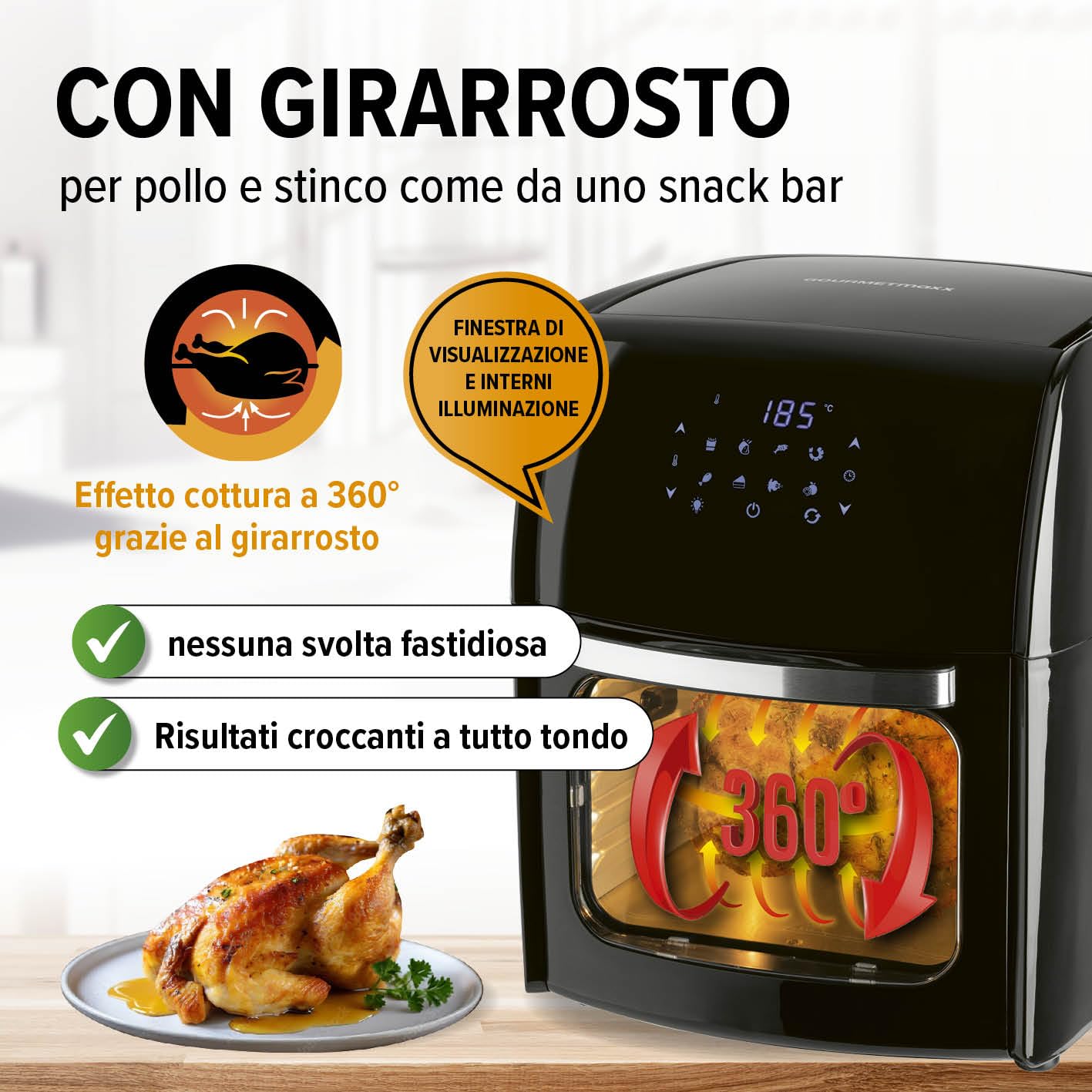 GOURMETmaxx Friggitrice digitale XXL ad aria calda 12 litri | Frittura senza grassi, friggitrice, forno e grill rotante in un unico apparecchio | Con 9 programmi e funzione timer