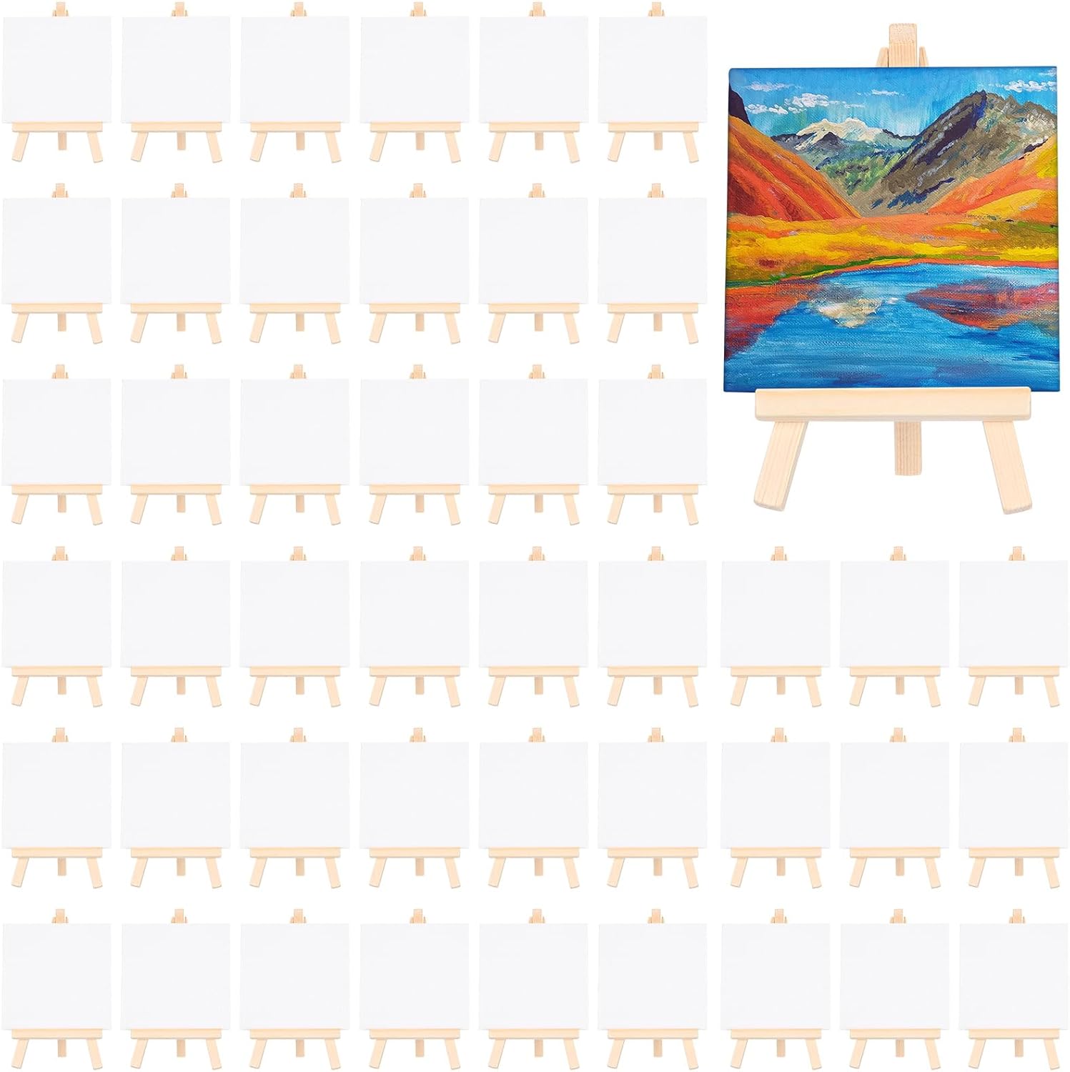 MotiMind 80 Pcs Mini Canvas and Easel Set for Painting Canvas Panels with Wooden Easels for Oil Acrylic Painting Mother's Day Birthday Party Favors(4 x 4 Inch)