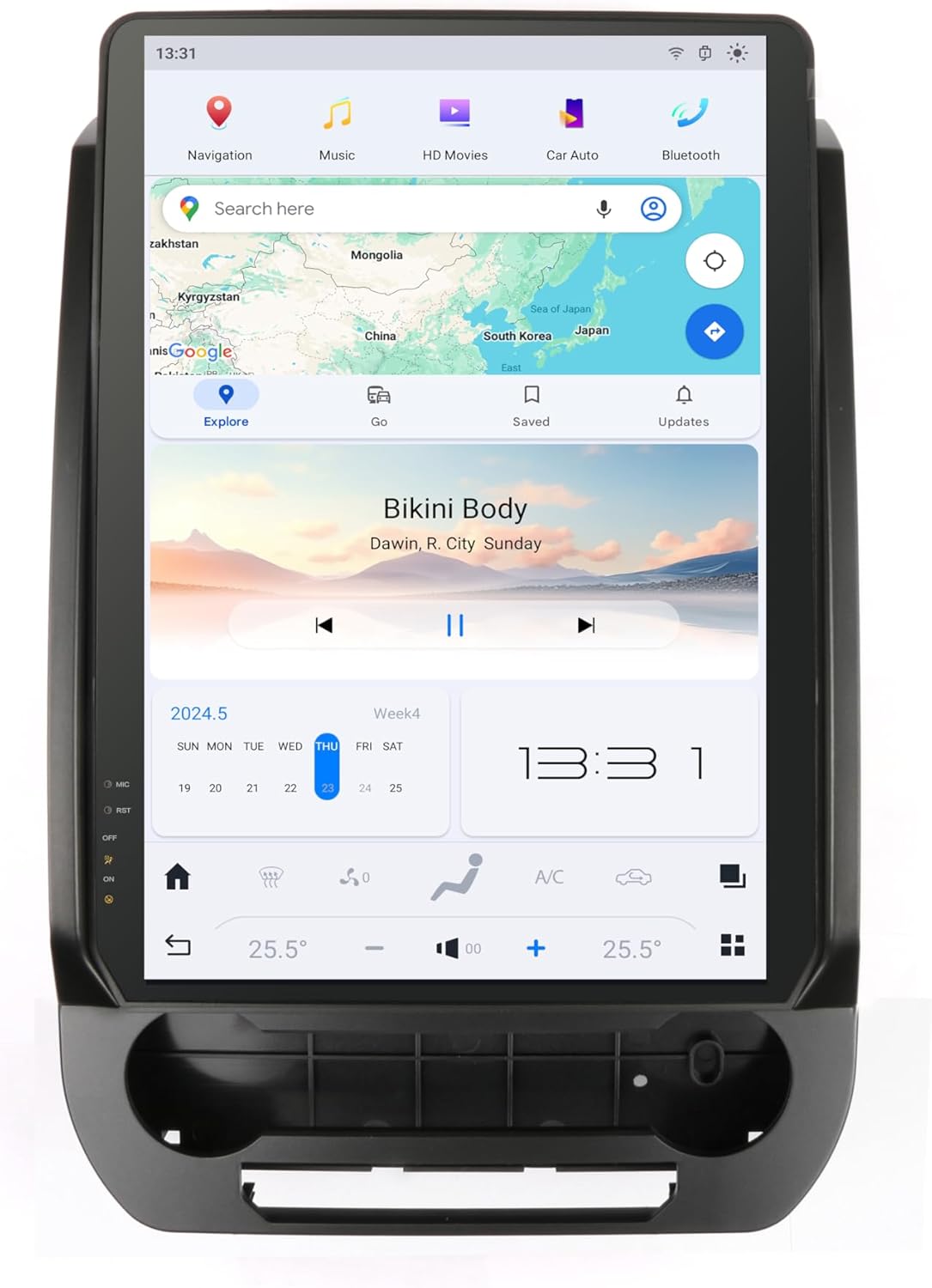 Depan view of the ZWNAV car radio display showing the main interface with navigation, music, and other app icons.