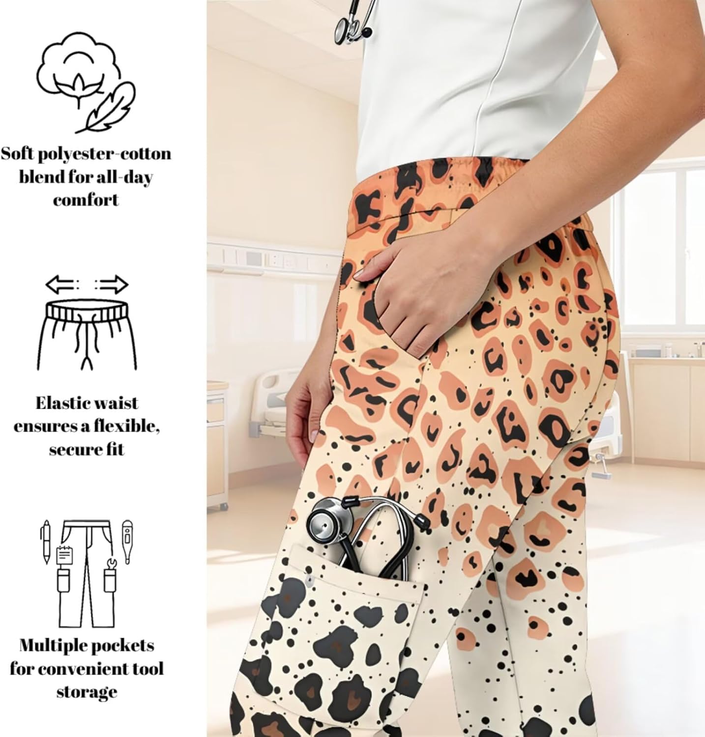 Animal Print Scrubs Set for Women Stretch V-Neck Scrub Tops with Pants, Pocket Medical Uniform for Nurse Doctor Work