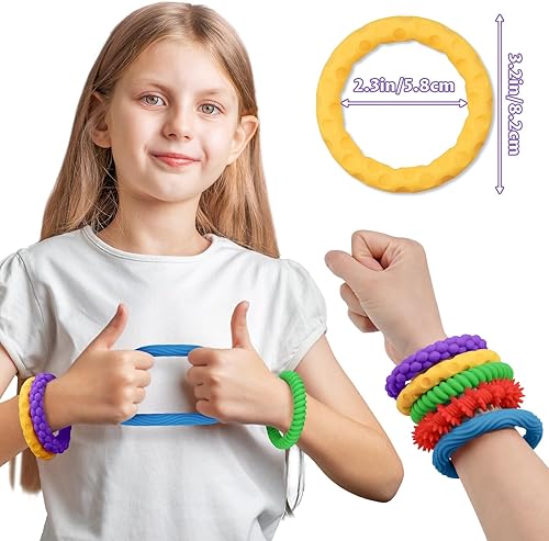 Miniatura 9 de Paquete de 5 pulseras elásticas de silicona de colores macarrón, juguetes para la ansiedad para niños, diseño texturizado, juguetes sensoriales