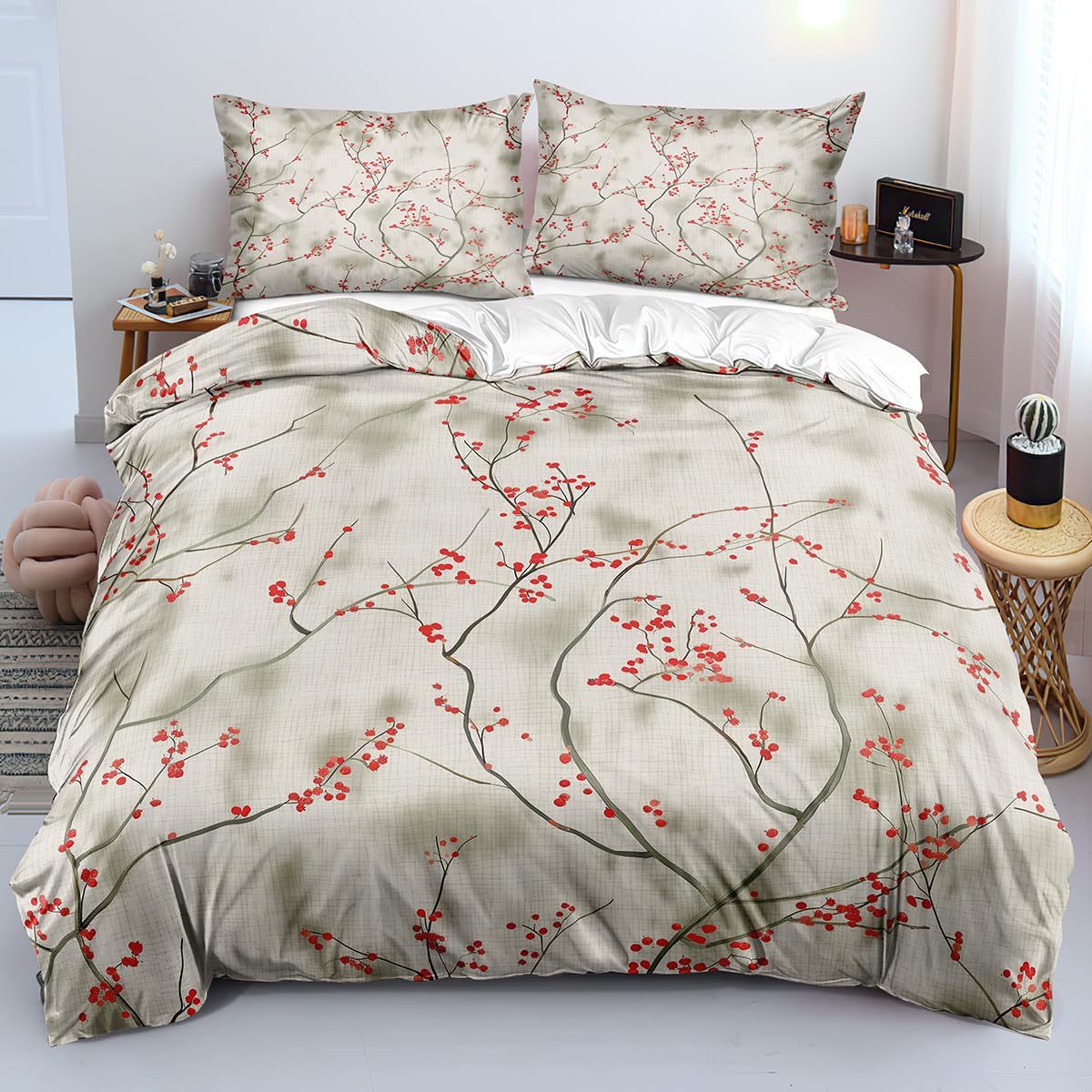 Parure de lit 3 pièces fleurs de prunier rouges avec housse 240x220