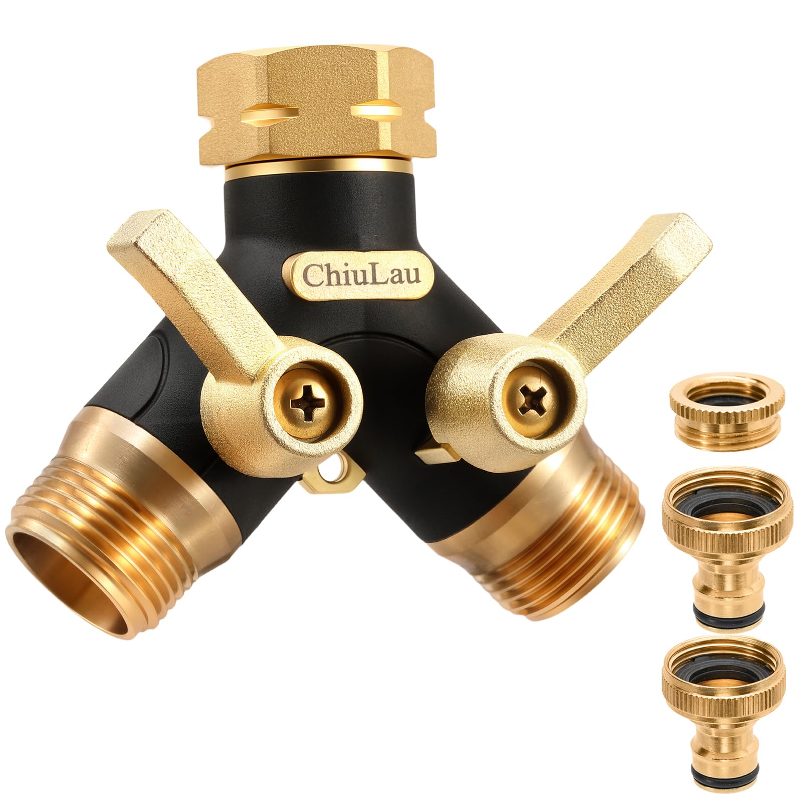 ChiuLau 2 Way Garden Hose Splitter, 1/2 inch and 3/4 inch Y Tap Connector with 2 Quick Connectors, Heavy Duty Metal Body, Extended Handle Y Valve Water Tap Splitter for Outdoor Garden Yard Lawn
