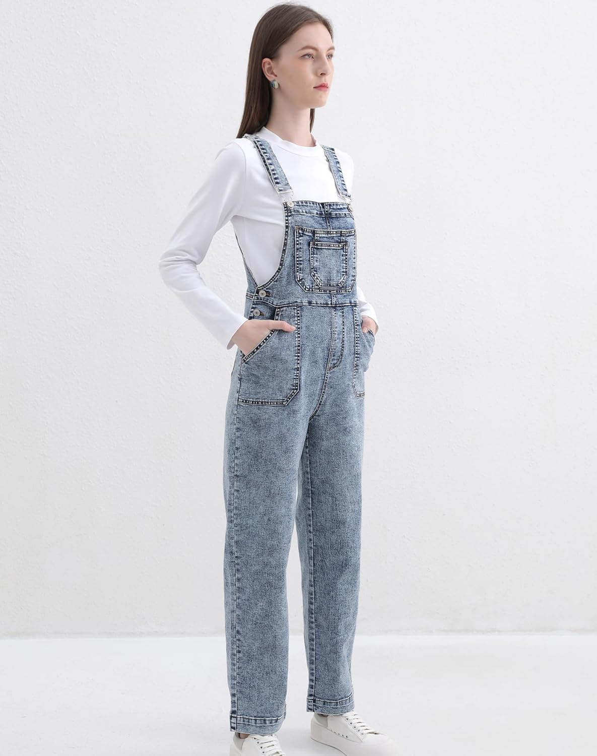 Women's Denim Overalls with Adjustable Straps Relaxed Fit Multiple Pockets Vintage Wash Stretchy Jean Overalls - Image 9