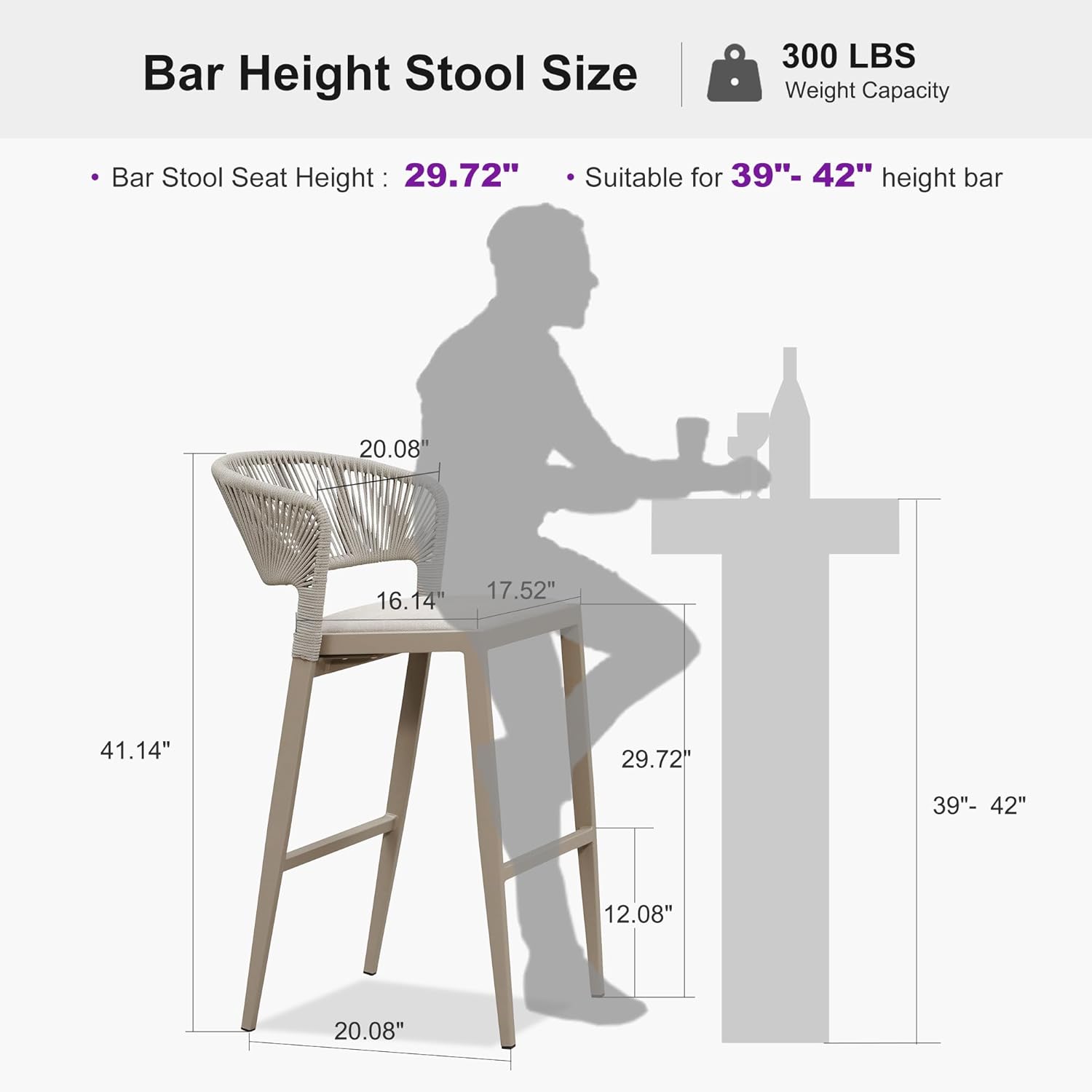 PURPLE LEAF Bar Stool Set of 2 Outdoor Bar Chairs with Backrest Bar Height Stools Rattan Stool Wicker Champagne Beige Barstools