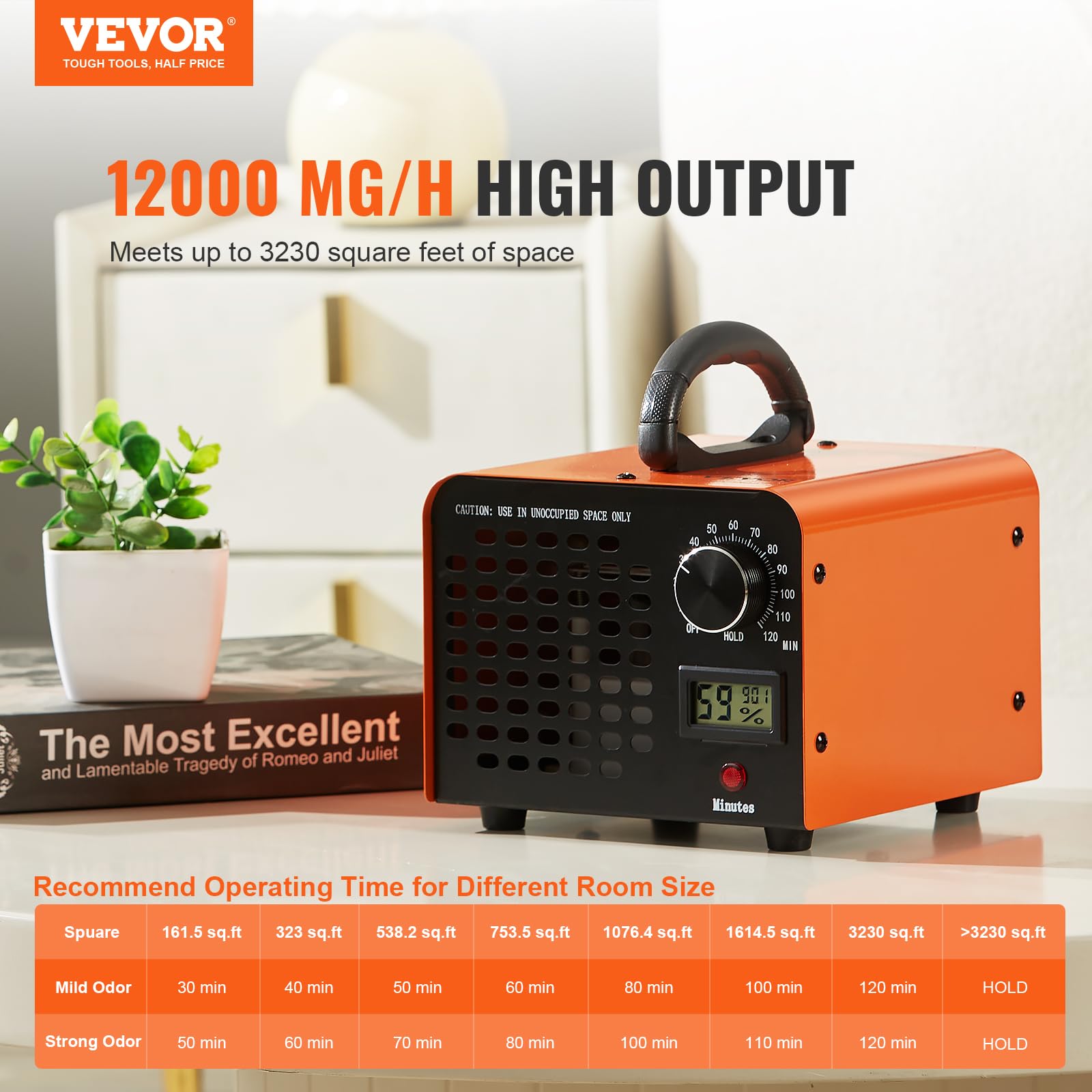 VEVOR Generator ozonu Oczyszczacz powietrza 12000 mg/h O3 Generator do usuwania komercyjnych zapachów przemysłowych 90 W o dużej pojemności timer 0-120 min do pomieszczeń, samochodów, zwierząt