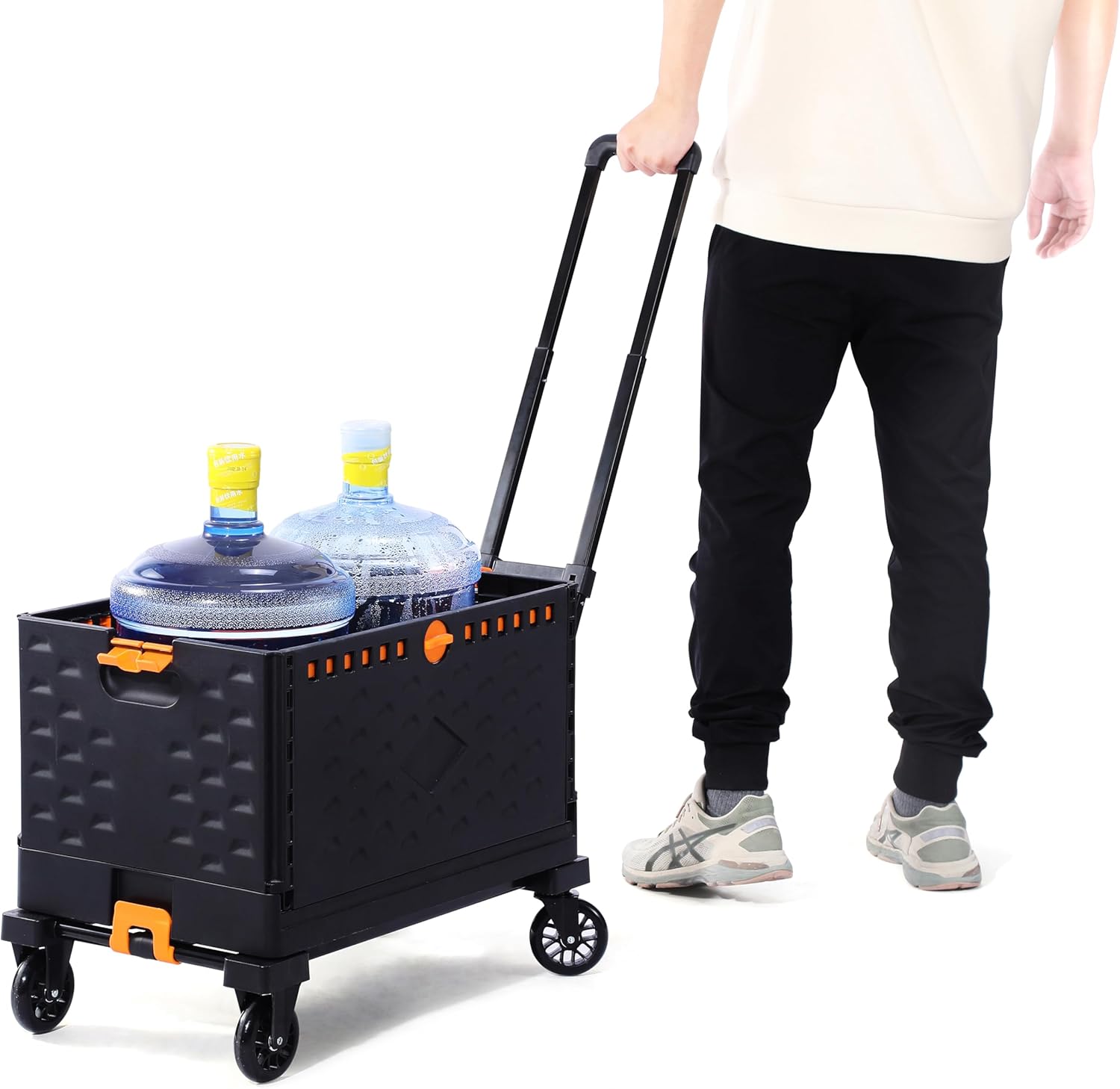 Collapsible Crate Folding Hand Truck Set -No Assembly Required-Teacher Collapsible Rolling Cart with Wheels,Shopping Cart for Groceries,Crate On Wheels and Tote Basket,Mobile Storage for File, Book