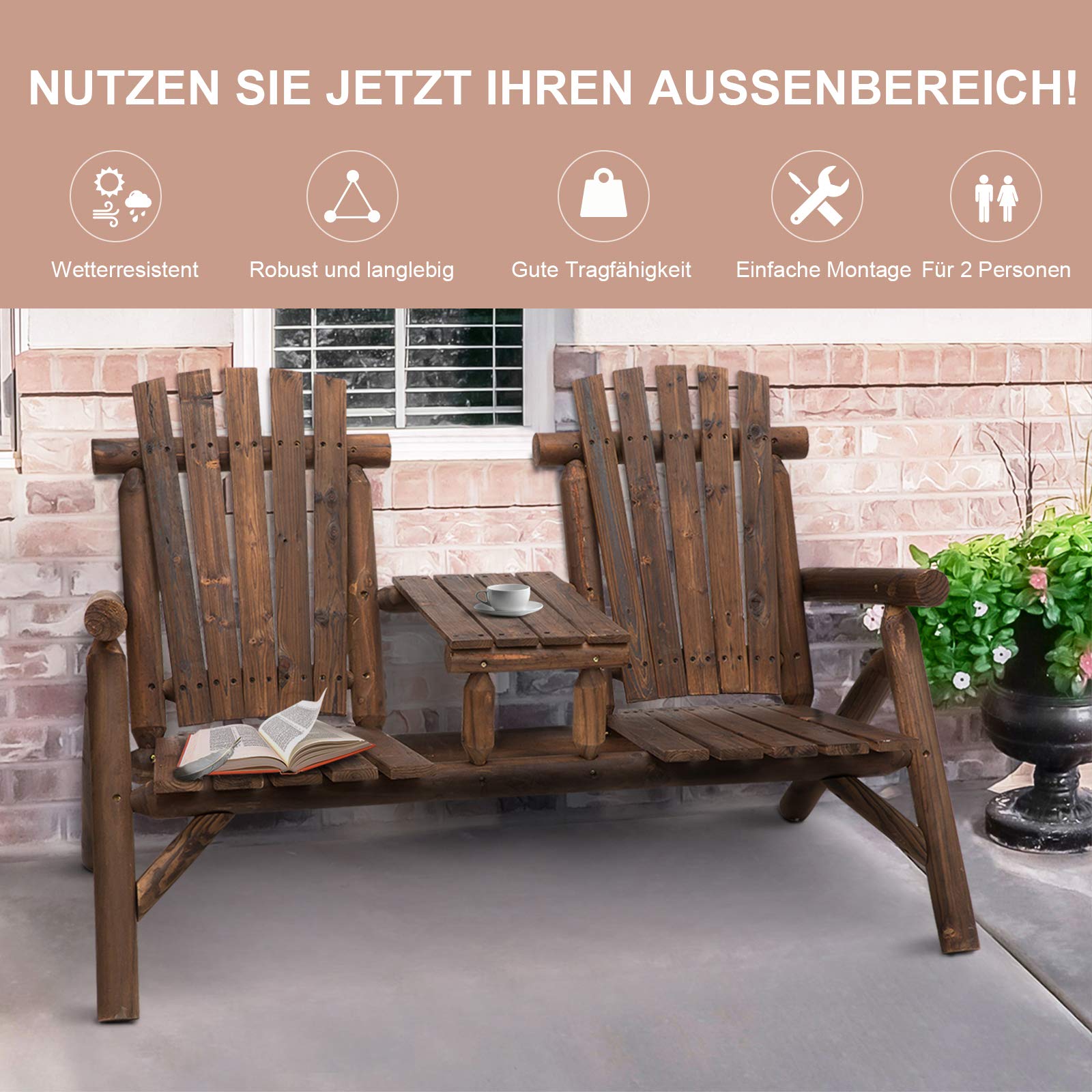 Outsunny Gartenbank mit Tisch Gartenmöbel 2 Stühle Braun 157 x 88 x 103 cm | Sitzbank, Massivholz