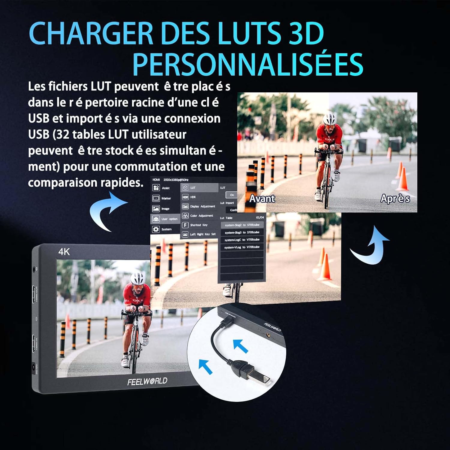 FEELWORLD T7PLUS monitor displaying the 3D LUT loading interface, showing before and after effects of a LUT.