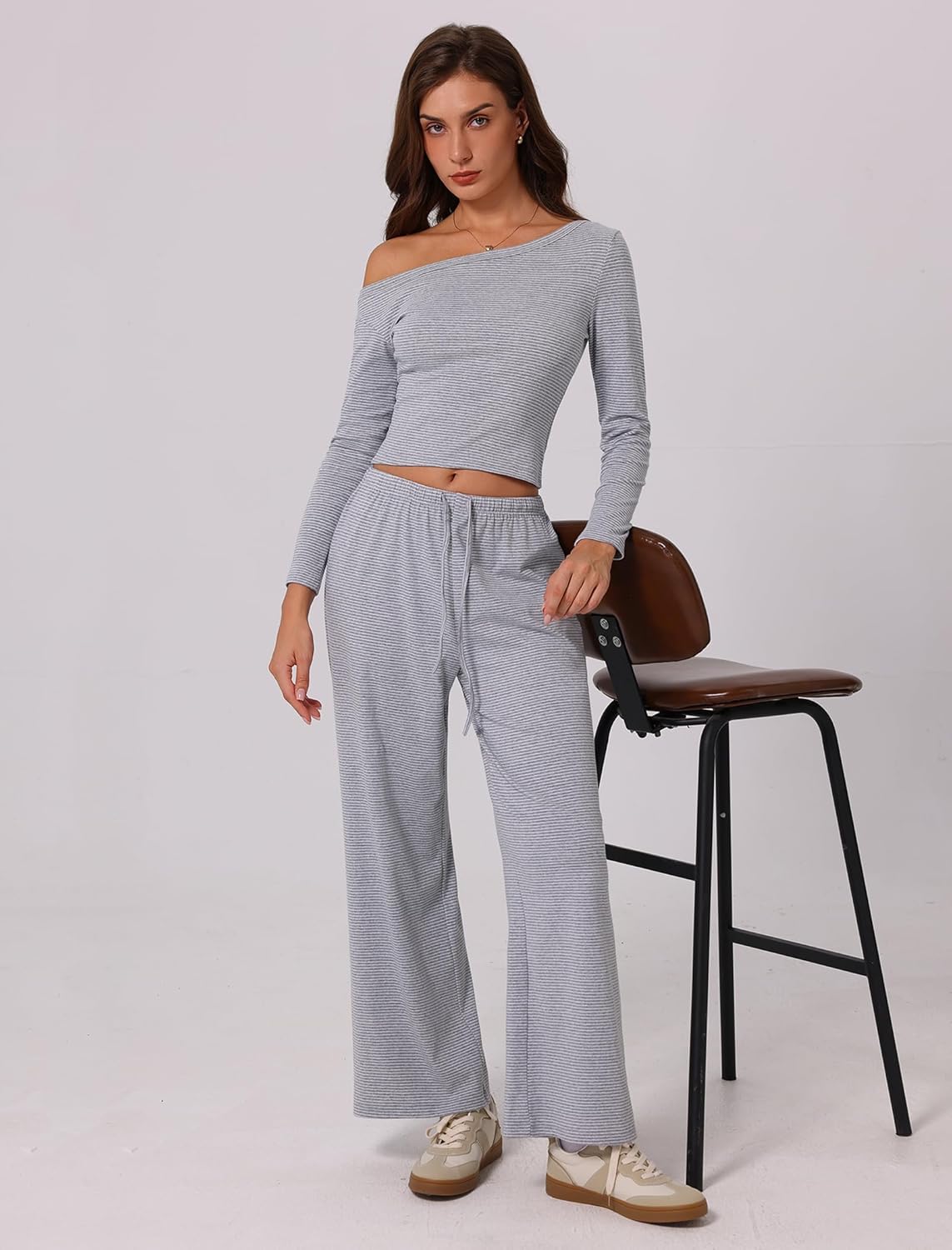 2 Piece Sets for Women Long Sleeve Off-shoulder Stripe Print Crop Top and Wide Leg Pants Casual Tracksuits - Image 5