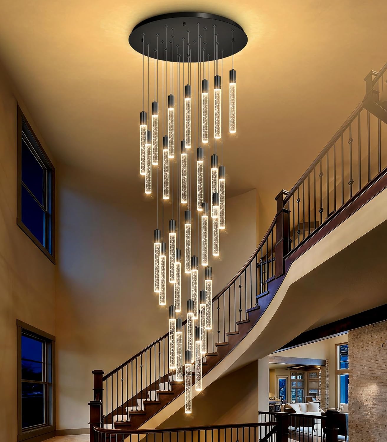 14.5 Foot High Ceiling Chandelier for Entryway Modern Crystal Lights for Living Room Foyer Flush Mount Sloping Ceiling Pendant Light Fixture Remote Dimmable 28-Lights Black