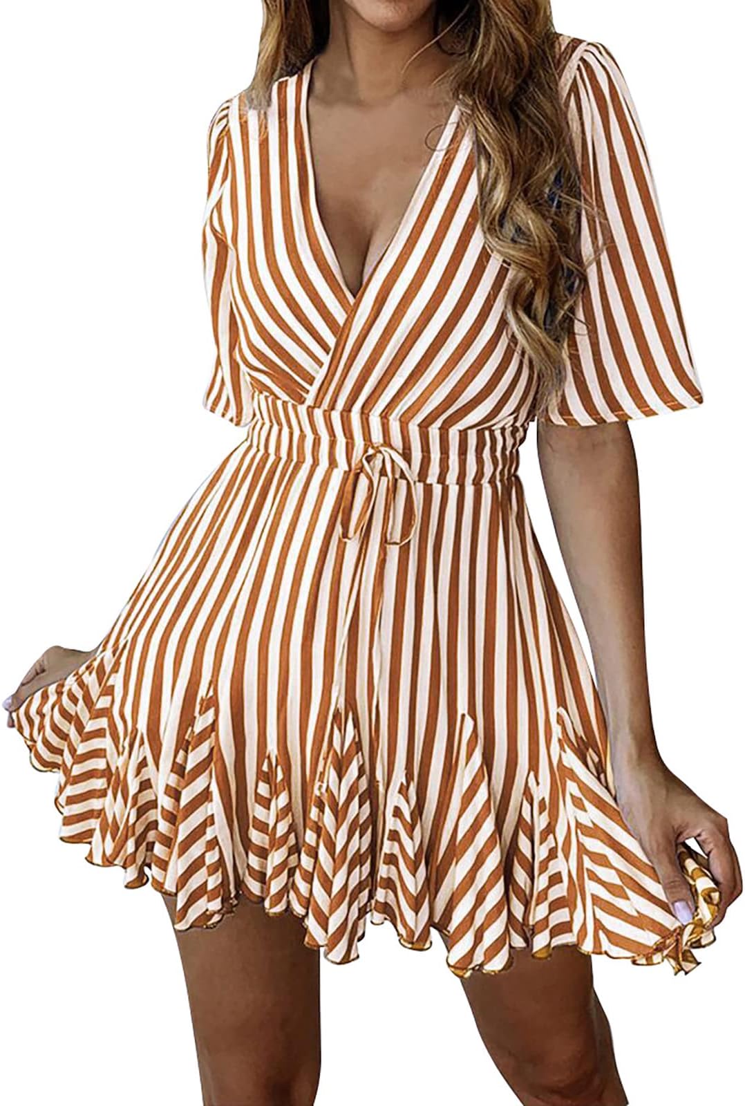 MarendyeeFall Dress for Women UK Casual Dress for Ladies Lantern Sleeves Self Tie Back Bowknot Ruffled Hem A-Line Smocked Waist Outfits Vacation