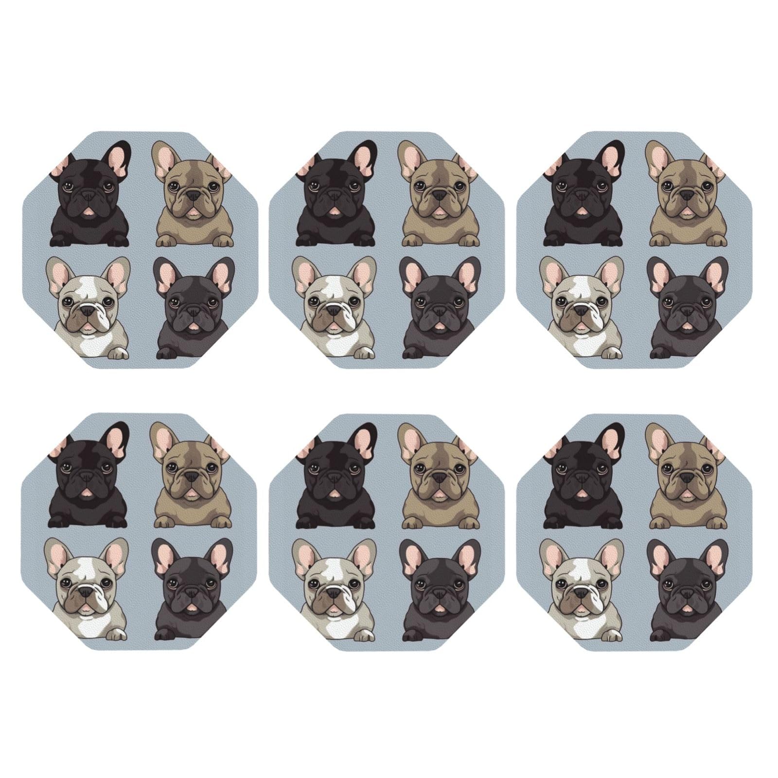 6pcs Leather Coasters for Drinks, French Bulldog Drink Coasters for Tabletop Protection, 4" Cup Coasters for Coffee Table Decor, Non-Slip Drinking Cup Mat for Hot Or Cold Drink