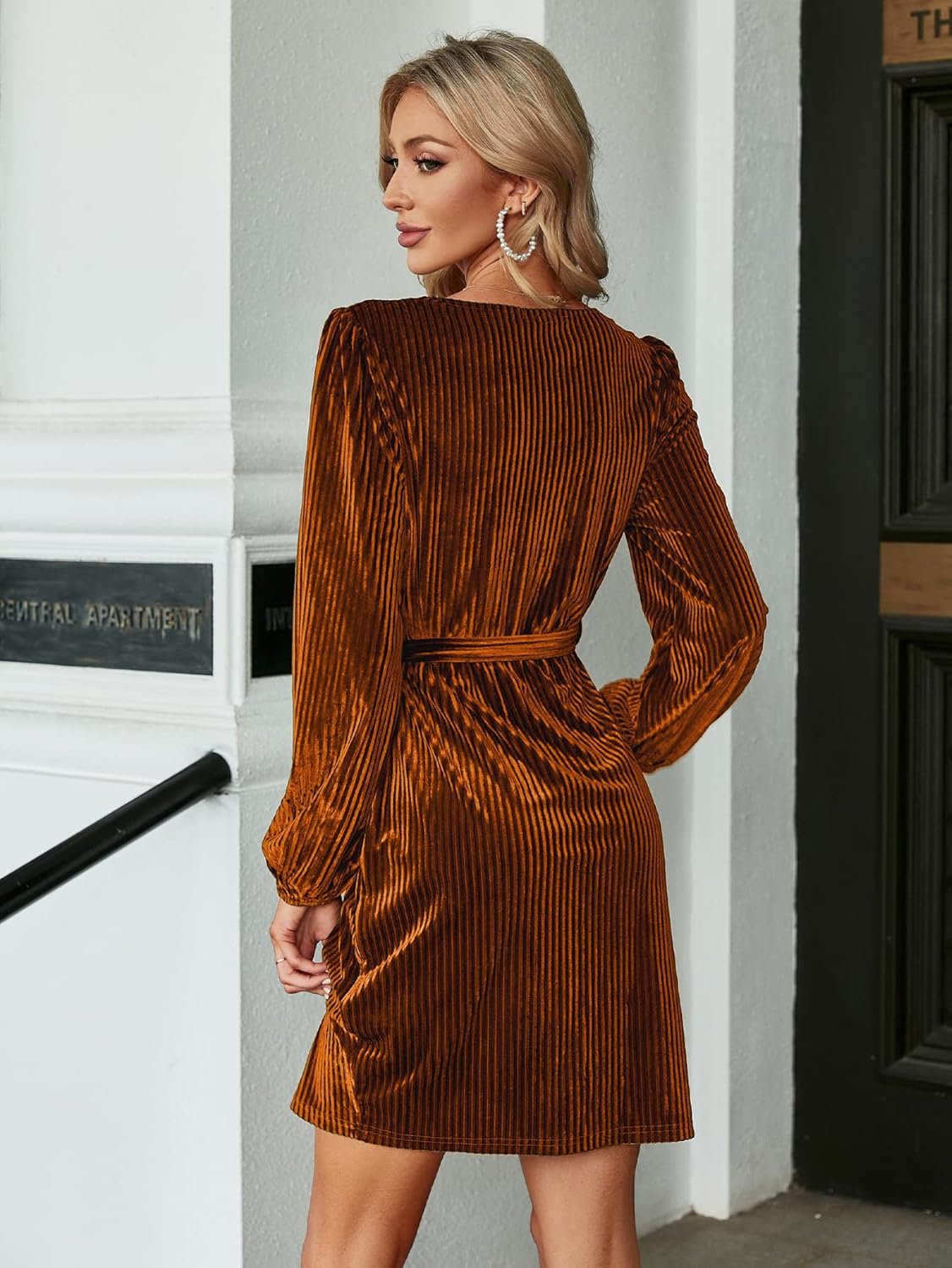 BerryGo Women's Long Sleeve Wrap Semi Formal Velvet Mini Dress Sexy Cocktail Party Winter Club Dress - Image 5