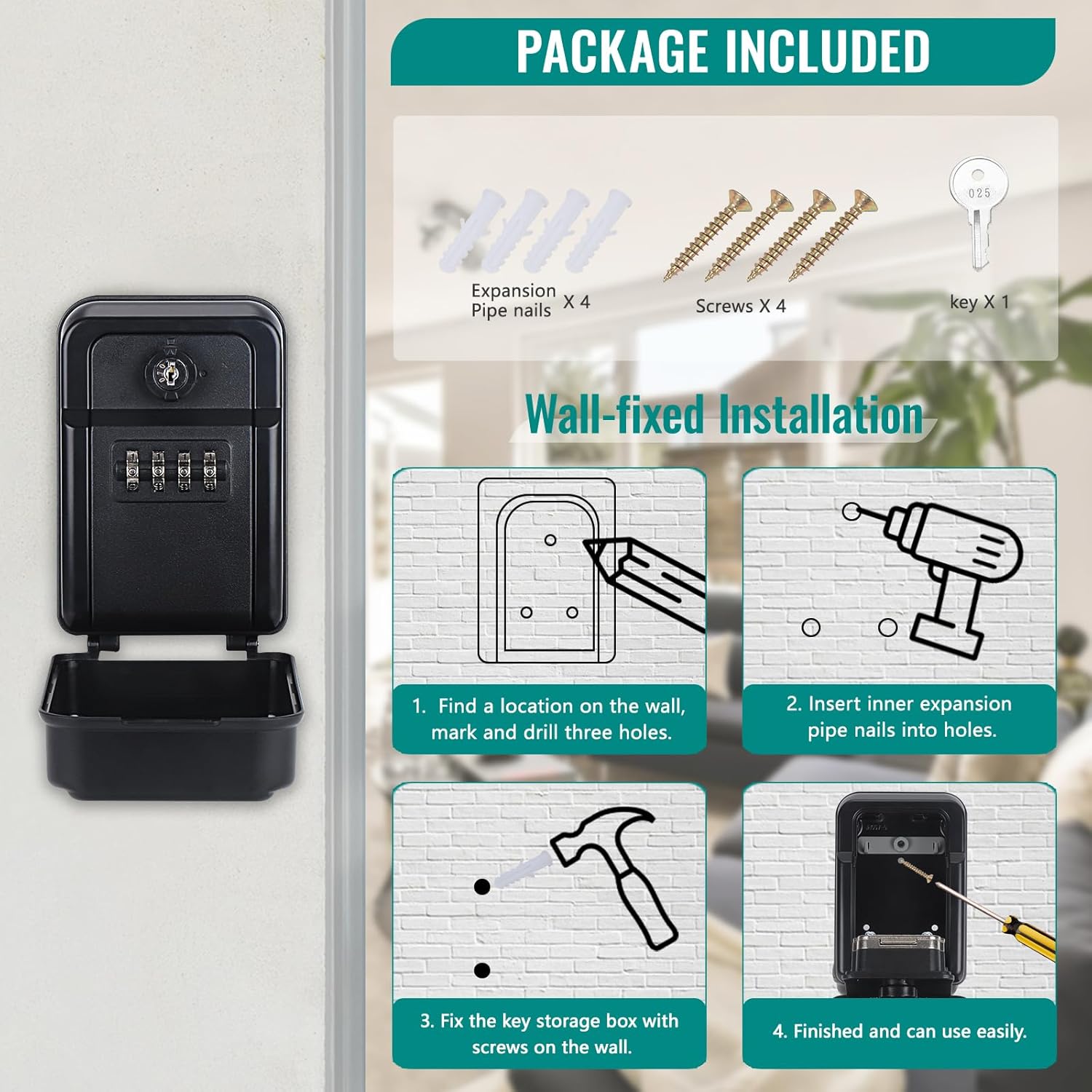 Key Lock Box, Sturdy Waterproof Wall Mount Lock Box for Keys, 4-Digit Push-Button Combination Lockbox, Large Capacity Security Key Hiders for Outdoor, Home, Garage, Office, Warehouse