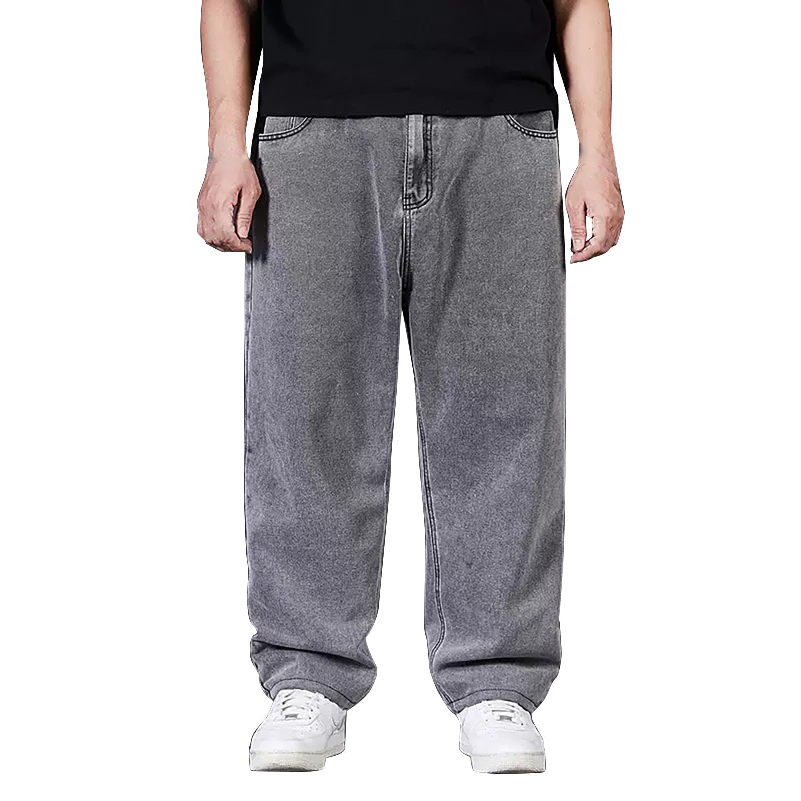 BUKKNYE Oversize Jeans for Men Baggy Loose Hip Hop Denim Pants Washed Distressed Stretch Casual Denim Trousers Big&Tall Biker Jeans(Grey,4XL)