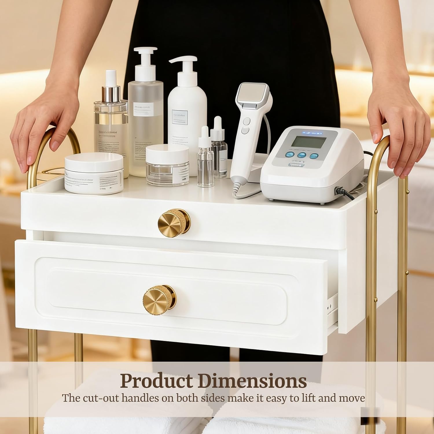 Salon Trolley Cart with Lockable Wheels, Salon Station Cabinet with Drawer & Cabinet for Hair Stylist Makeup Tool Organizer for Beauty Spa Barbershop (White&Gold)